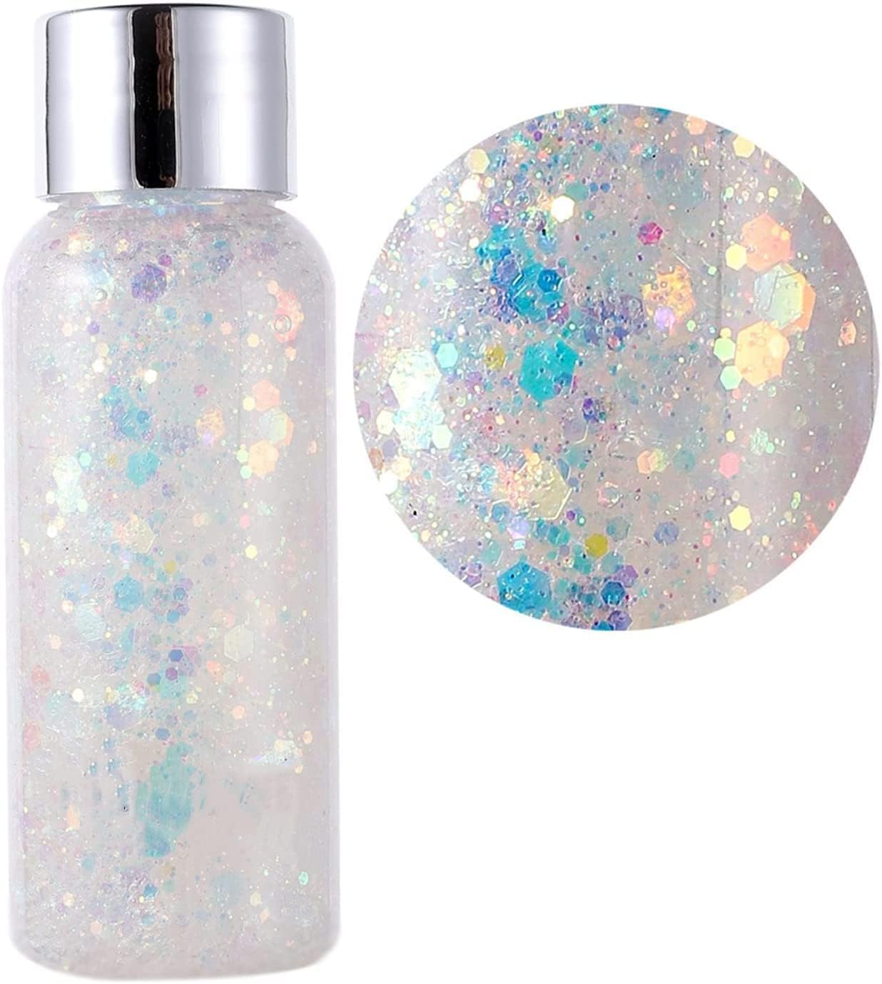 MAEPEOR Chunky Face Body Glitter Gel 19 Colors Mermaid Sequins Holographic Body Glitter Gel Long-Lasting Festival Makeup Glitter Paint for Face Body Hair Nails (30g, 09 White)