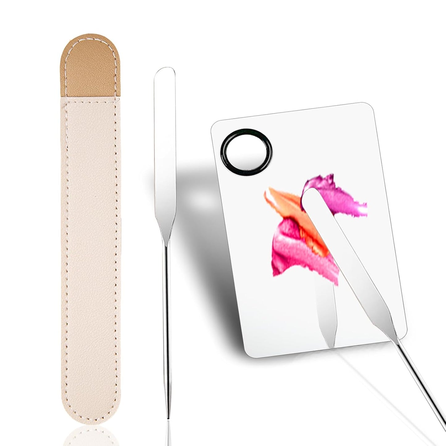 Picasso Makeup Spatula and Palette Set, Korean Makeup Spatula with Leather Cover, Stainless Steel Makeup Palette with Scraper Tool, Metal Foundation Palette for Cosmetic Pigment Blending（SS）