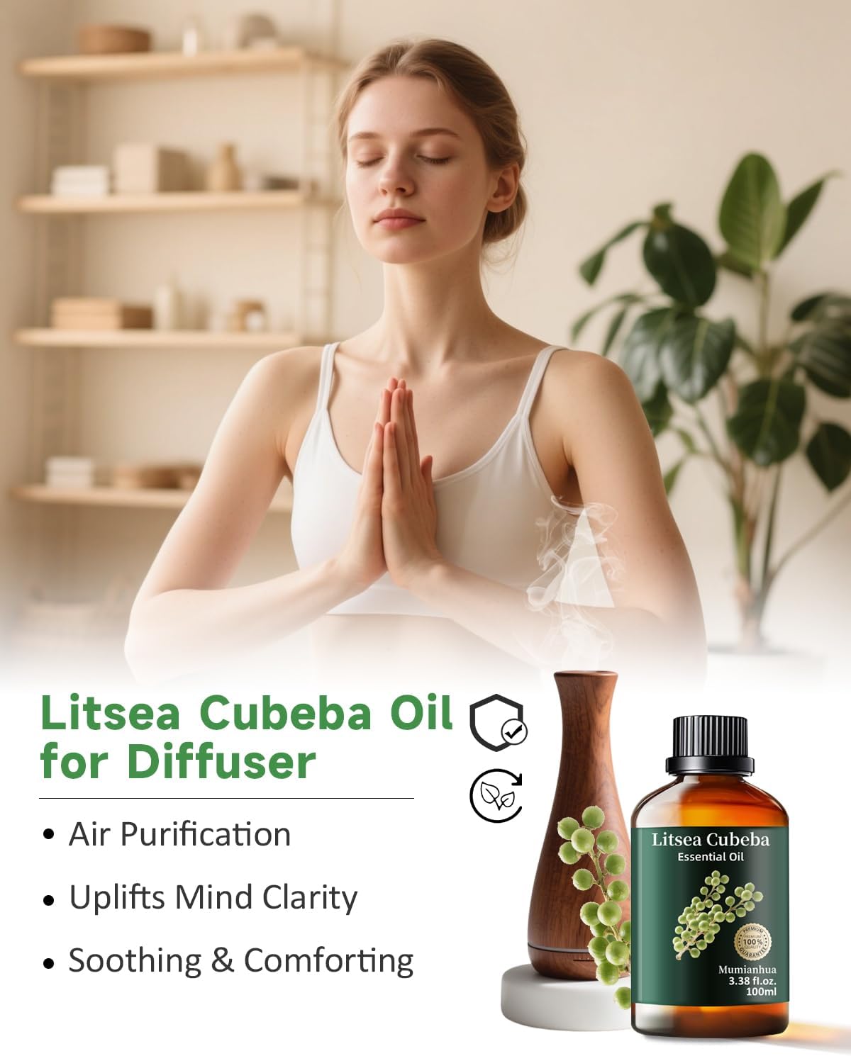 Mumianhua Litsea Cubeba Essential Oil 100% Pure Litsea Cubeba Oil Natural May Chang Essential Oil for Aroma & Diffusers, Massage, Skin Care, Hair Care, Candle & Soap Making 3.38 Fl Oz