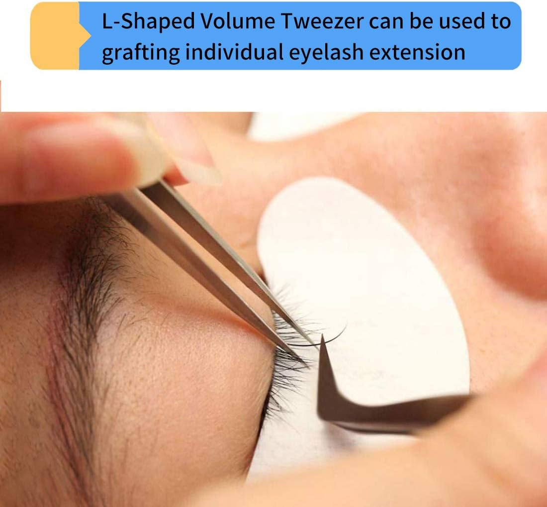 Volume Eyelash Extension Tweezer - FEITA Professional Angled Curved Pointed L-Shaped Precision Tweezers for 3D 4D 6D Lashes Extension - Silver