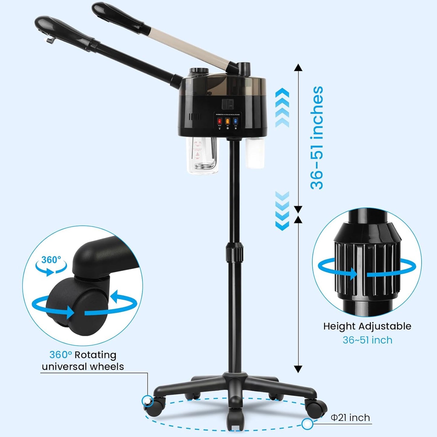 Professional Facial Steamer, 2 in 1 Hot&Cold Mist Facial Steamer, Facial Humidifier on Wheels, Esthetician Steamer for Facial Deep Cleaning and Moisturize, Suitable for Spa, Salon and at Home Use