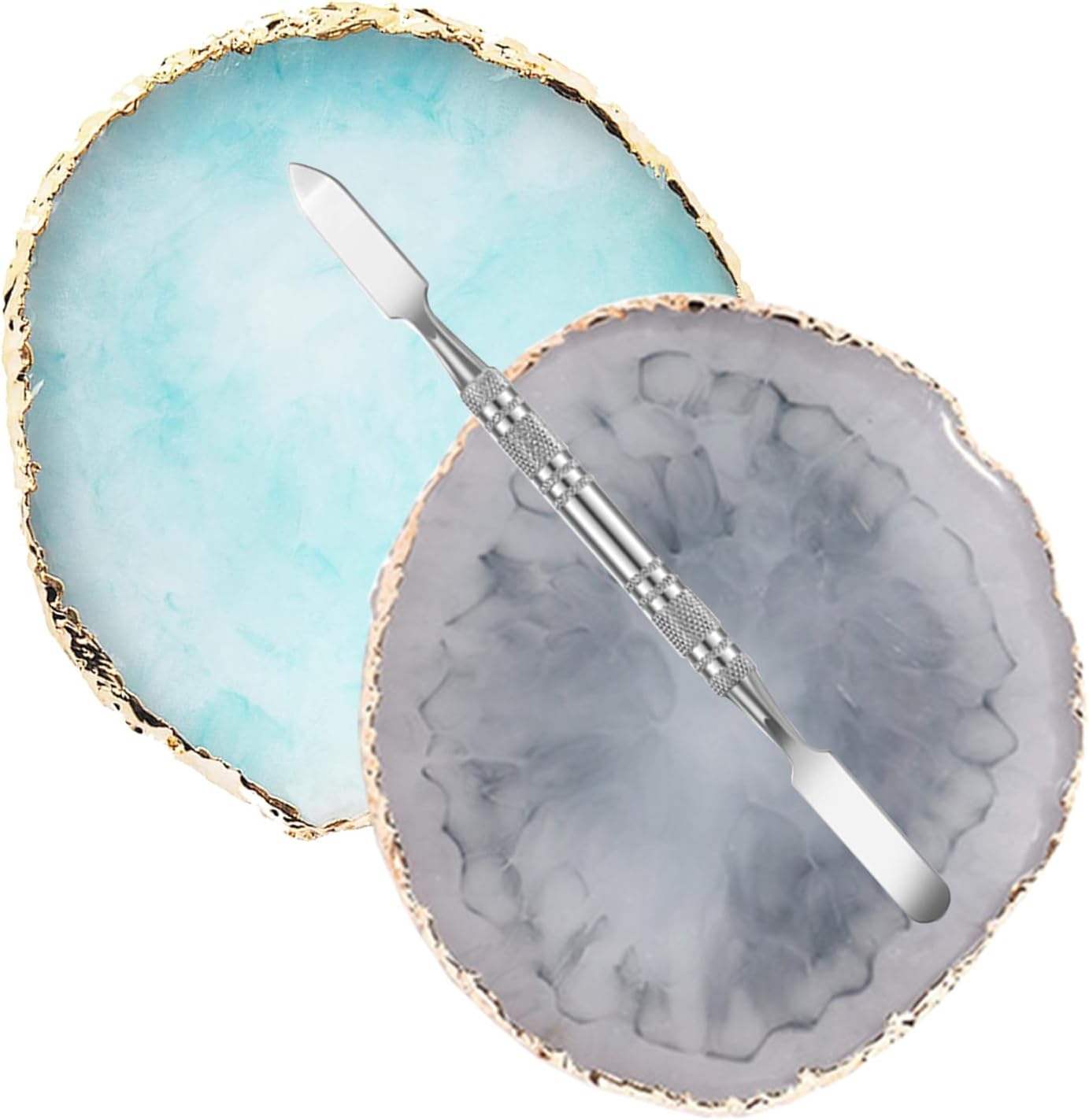 2 Pcs Resin Nail Palette Nail Polish Palette Nail Art Palette with Stainless Stirring Rod (Gray and Blue)