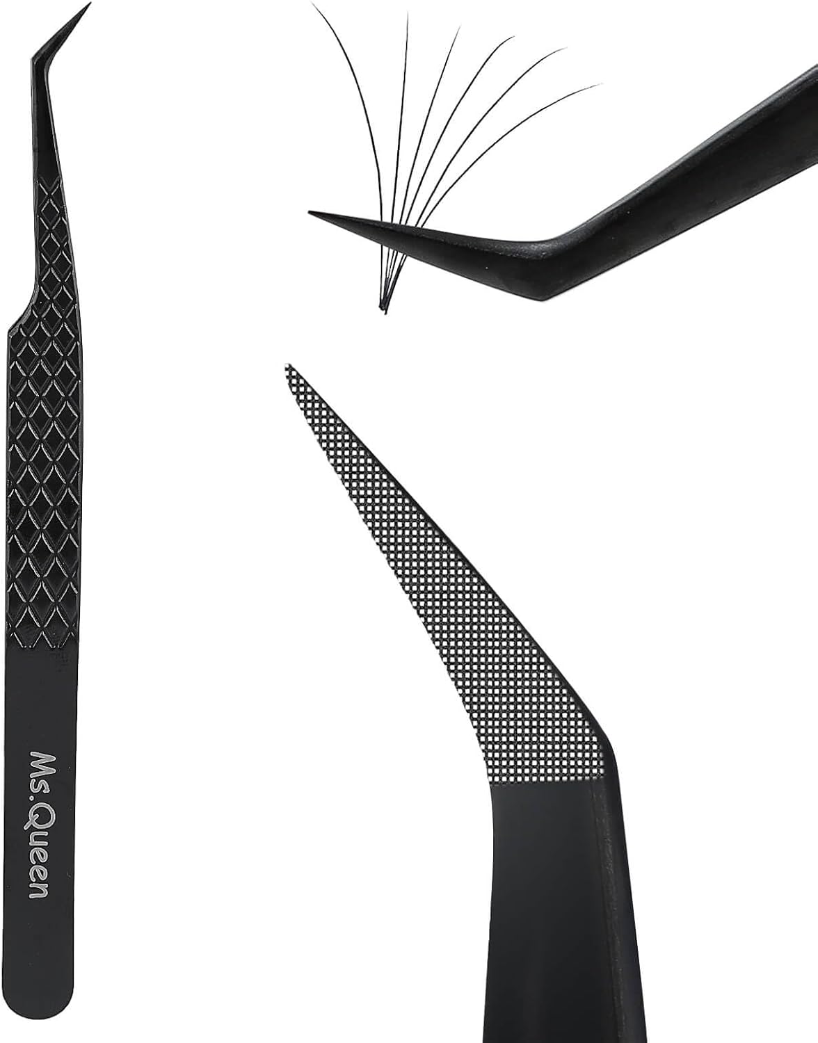 Ms.Queen Lash Extension Tweezers, Professional 45 Degree Fiber Grip Tweezers for Eyelash Extensions,Black