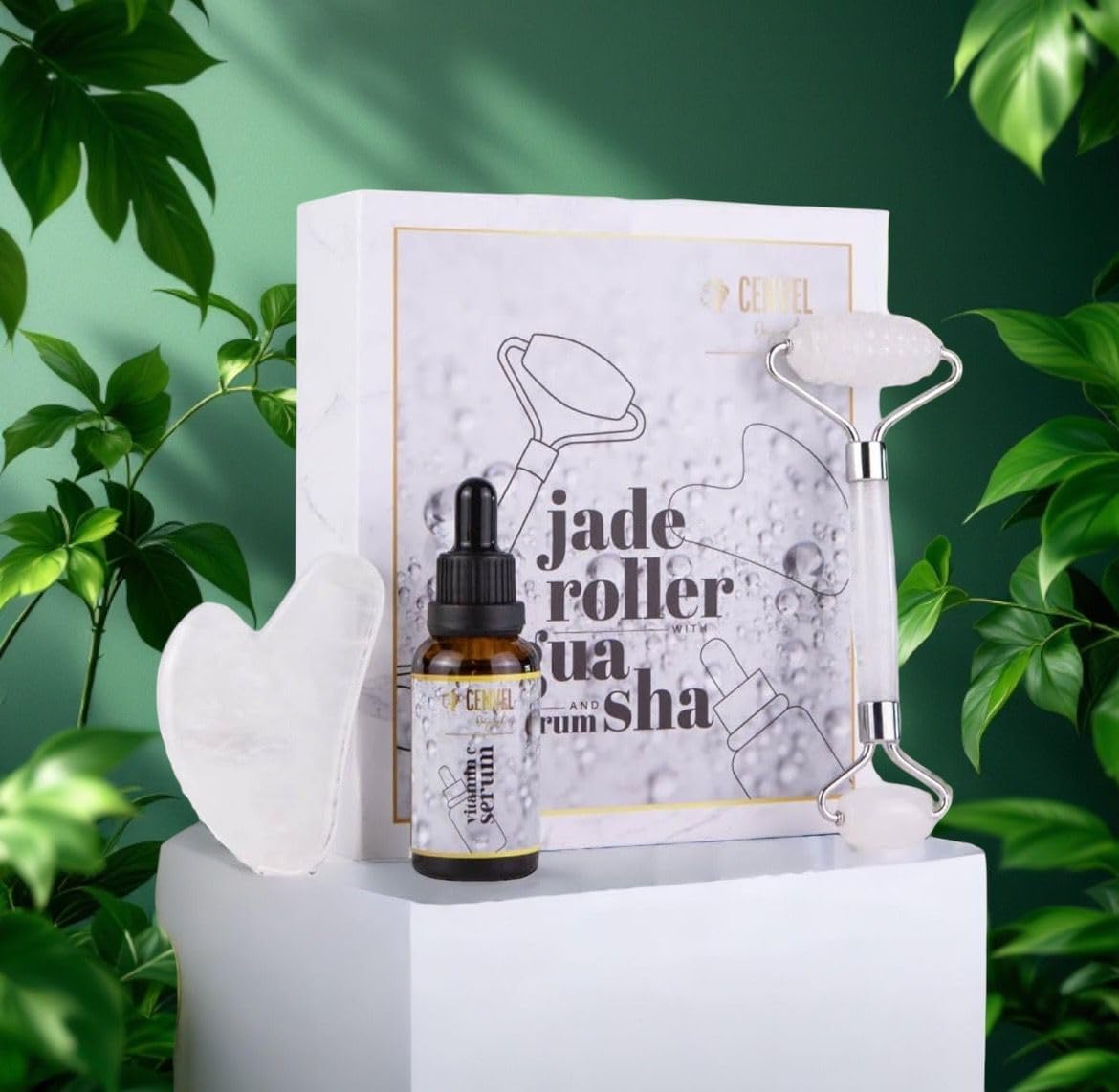 100% Real Crystal Jade Stone Roller and Gua Sha Set with Vitamin C Serum | Great for Eye Puffiness Treatment, Skin Tightening, Anti Aging, Rejuvenate Face & Neck | Great Gift for Women & Men (Crystal)