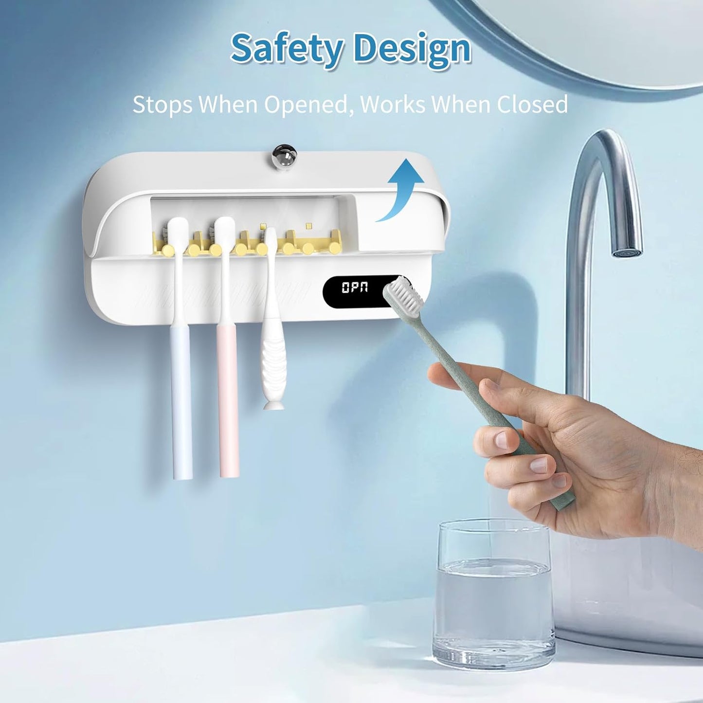 UV Toothbrush Sanitizer and Holder, Wall-Mounted Electric Toothbrush Cleaner with Air Drying & Countdown Timer, Long Battery Life, USB Rechargeable, 4 Slots Bathroom Toothbrush Holders