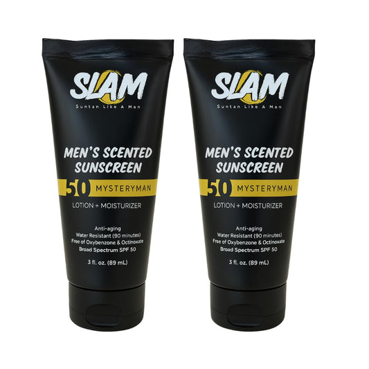 SLAM MysteryMan Men's Sunscreen Lotion SPF 50 & Moisturizer – Face & Body Sun block, Anti-Aging, Water-Resistant, Hawaii Act 104 Safe, Skincare for Men, Scented – 3 fl oz. Double pack.