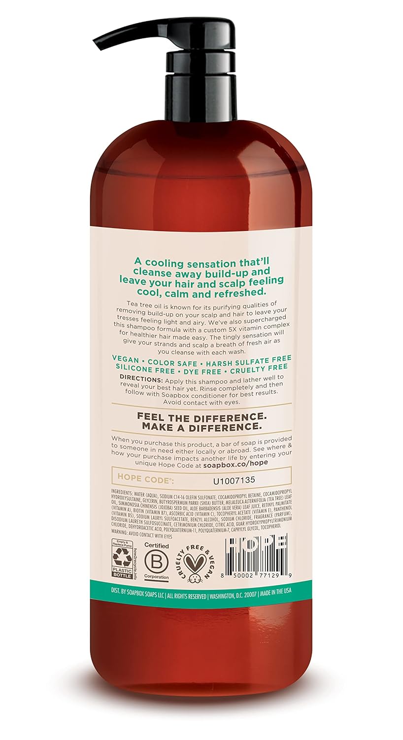 Soapbox Tea Tree Shampoo, Harsh Sulfate Free, Paraben Free, Silicone Free, Color Safe, and Vegan Hair Shampoo (33.8 Ounces)