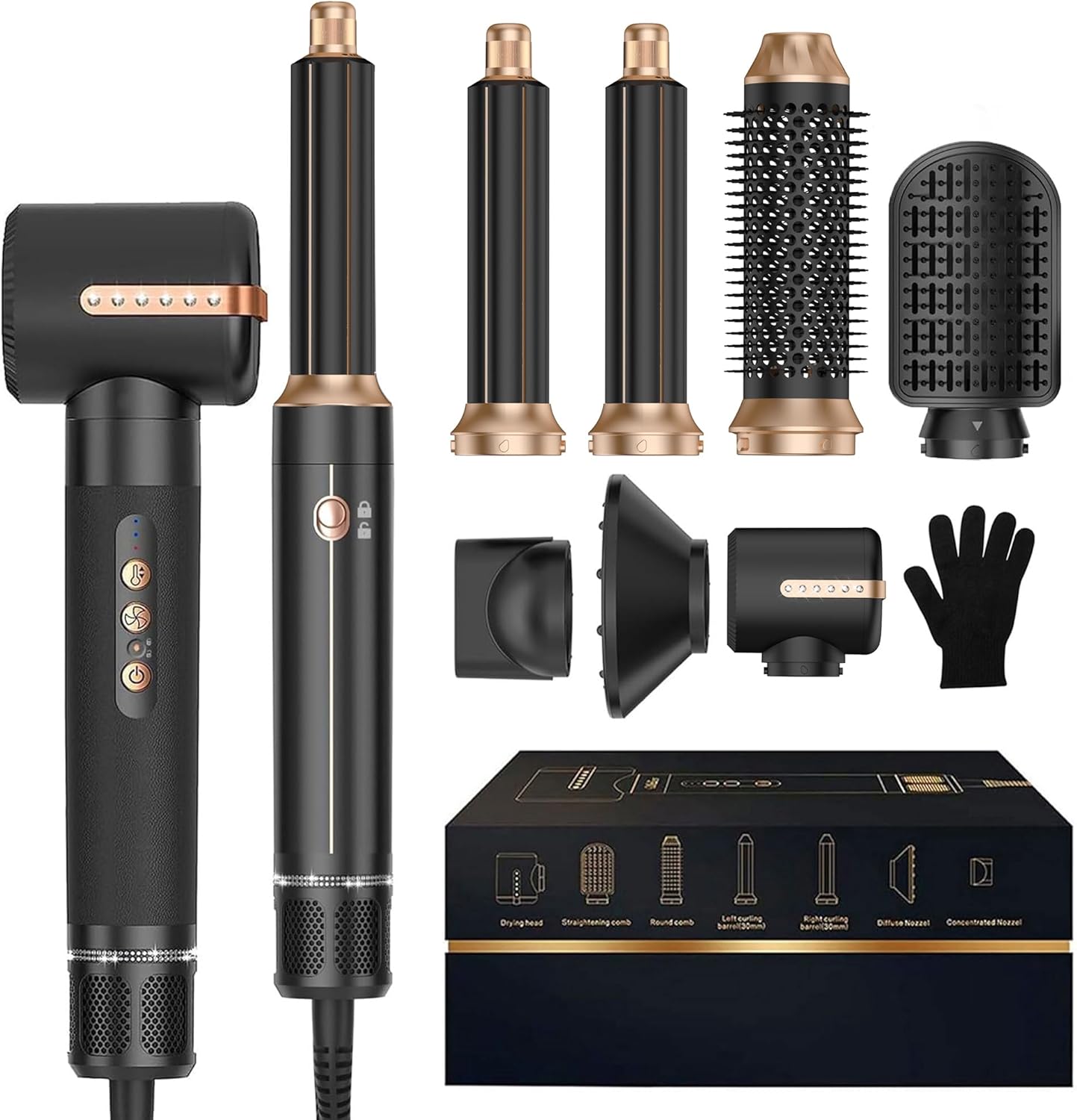 7 in ONE Hair Dryer Brush, Powerful Blow Dryer Brush with Auto- Wrap Curler, Detachable Fast Drying, Volumizing, Curling, Straightening, Ionic Hair Dryer with Diffuser, Hair Styling Tools 100-120V