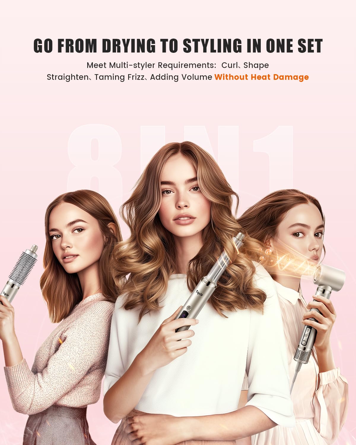 8-in-1 Professional Hot Air Styler&Hair Dryer Brush, Powerful Multi-Styler with Auto-Wrap Curler with Storage Case, Fast Drying Curling Straightening Volumizing Without Heat Damage(Gold)