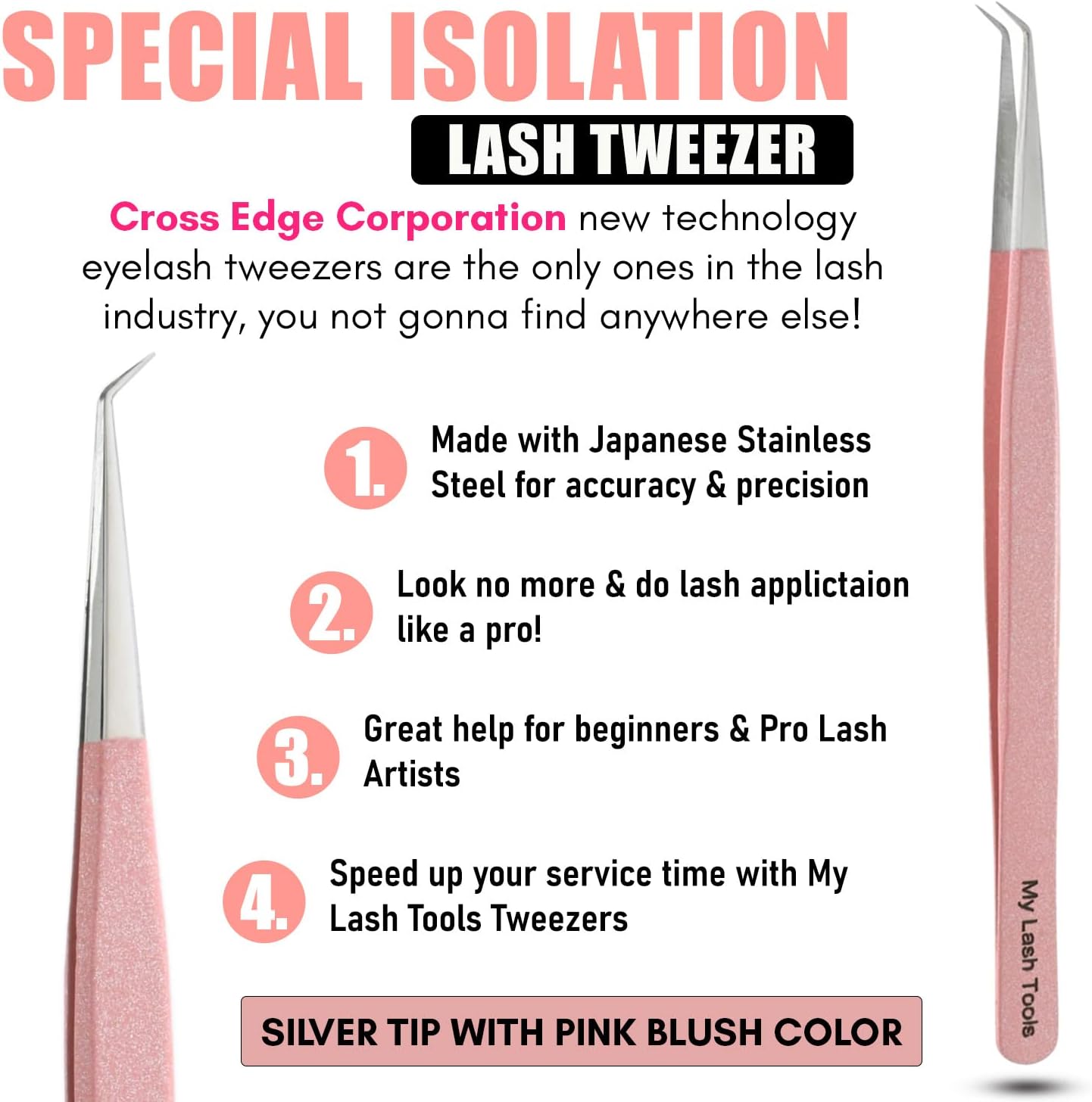 Isolation Lash Tweezers for Eyelash Extensions – 14cm Curved Tweezer, Japanese Stainless Steel, Best for Individual Isolation & Classic Lashes, Eyelash Twisers (Blush Pink)