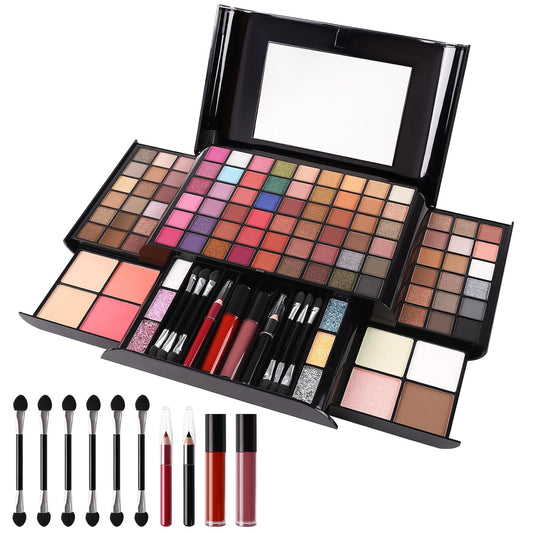 All In One Professional Makeup Kit Include Eyeshadow Palette Blushes Compact Bronzing Highlighter Powder Glitter Lipliner Eyeliner Pencil Brushes with Mirror Make Up Set Christmas Gifts For Women Girl