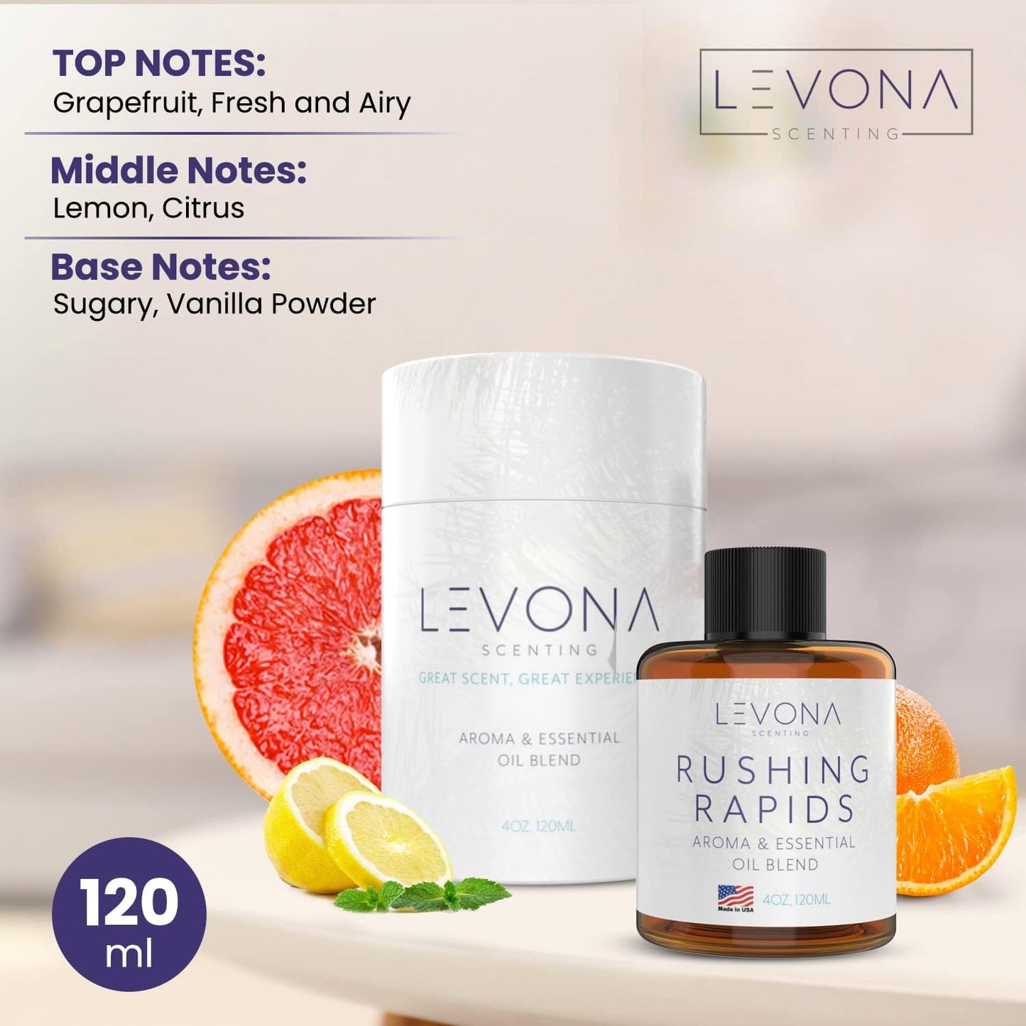 Levona Scent Essential Oils For Diffusers For Home: Hotel and Home Luxury Scents Oils For Diffuser - Rushing Rapids Scented Oil With Citrus Essential Oils And A Touch Of Vanilla Fragrance Oil - 500 Ml