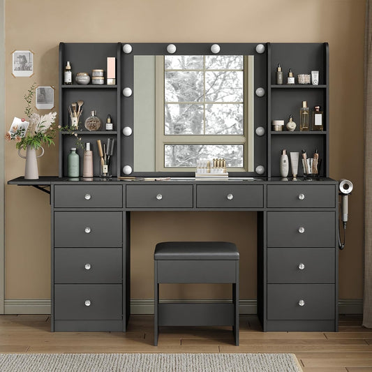Vanity with Power Outlet, Vanity Desk with Mirror and 10 LED Lights, 10 Drawers Makeup Vanity with 6 Shelves, Fold-up Panel, Dressing Table for Bedroom, Black