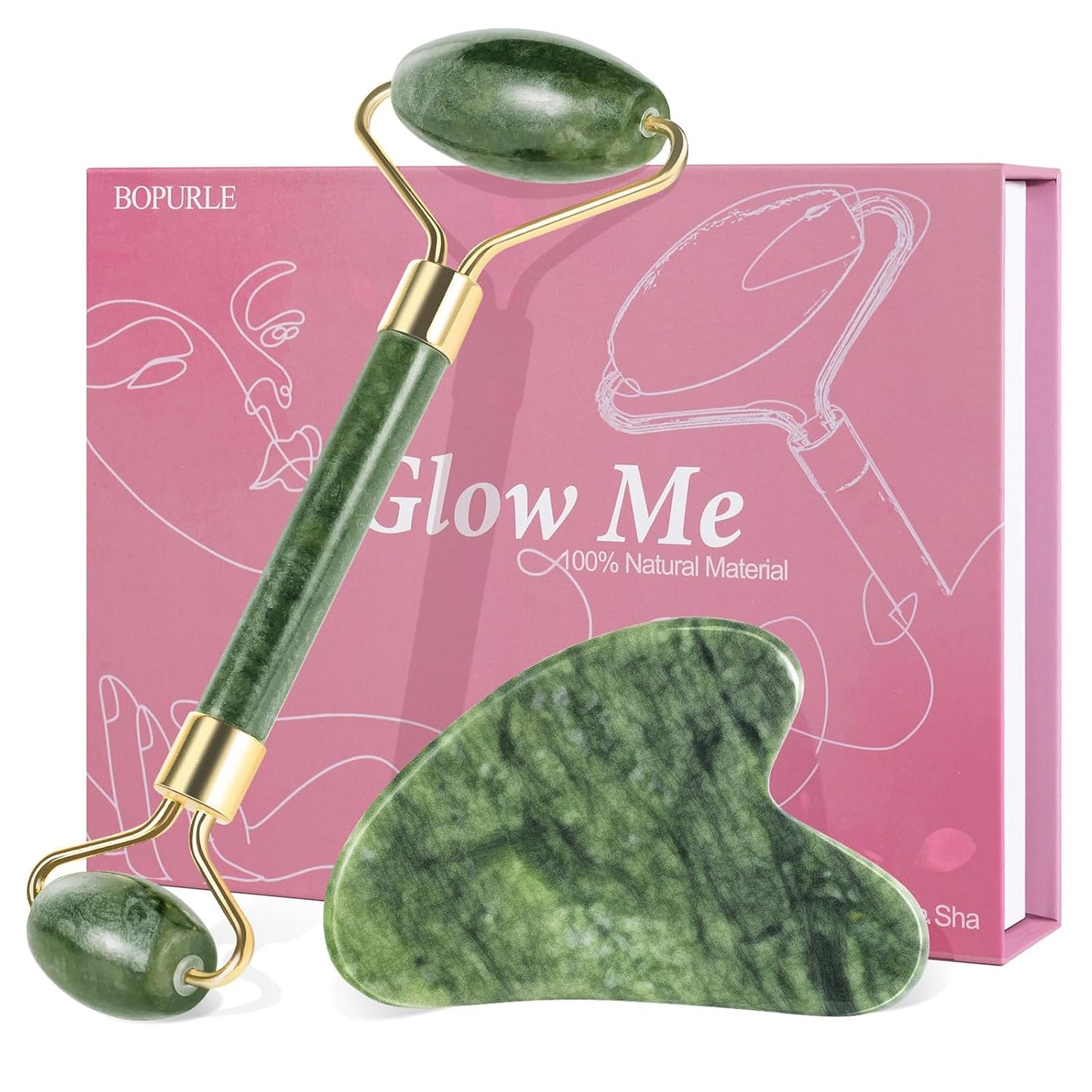 Gua Sha and Jade Roller Facial Tools for Face, Upgraded Face Roller for Wrinkles and Lifting, Face Massager and Gua Sha Set for Puffiness and Skin Care, Guasha Tool for Women and Men (Green)