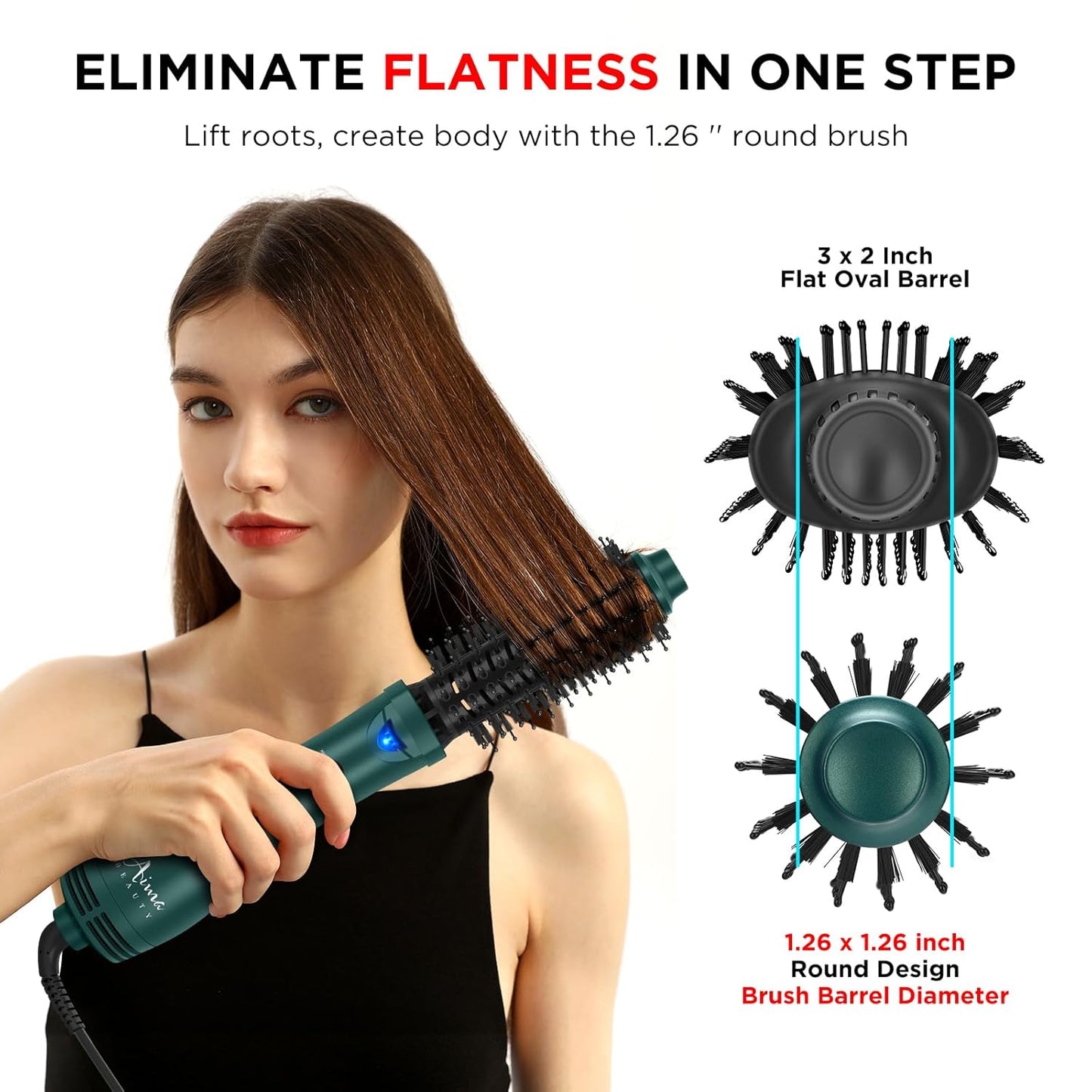 Aima Beauty Hair Dryer Brush, One Step Hair Dryer & Volumizing Hot Air Brush, 3 Heat/Speed Settings, Advanced Ionic Technology, Ceramic Coating, Nylon Pins & Tufted Bristles, Dark Green, 1000W, 125V