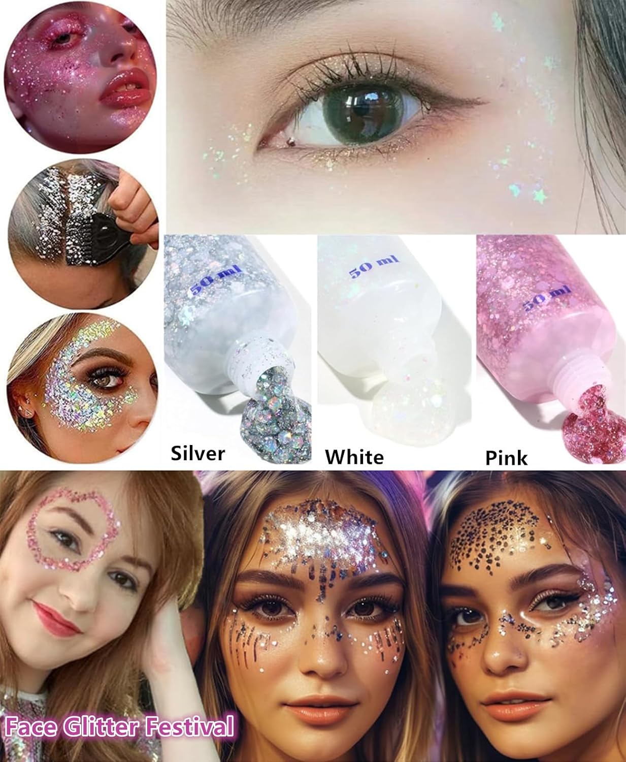 Go Ho White Pink and Silver Face Body Glitter Gel Set,Mermaid Face Paint,Holographic Long Lasting Chunky Sequins Glitter Makeup for Singer Concerts,Halloween Festival Rave Accessories