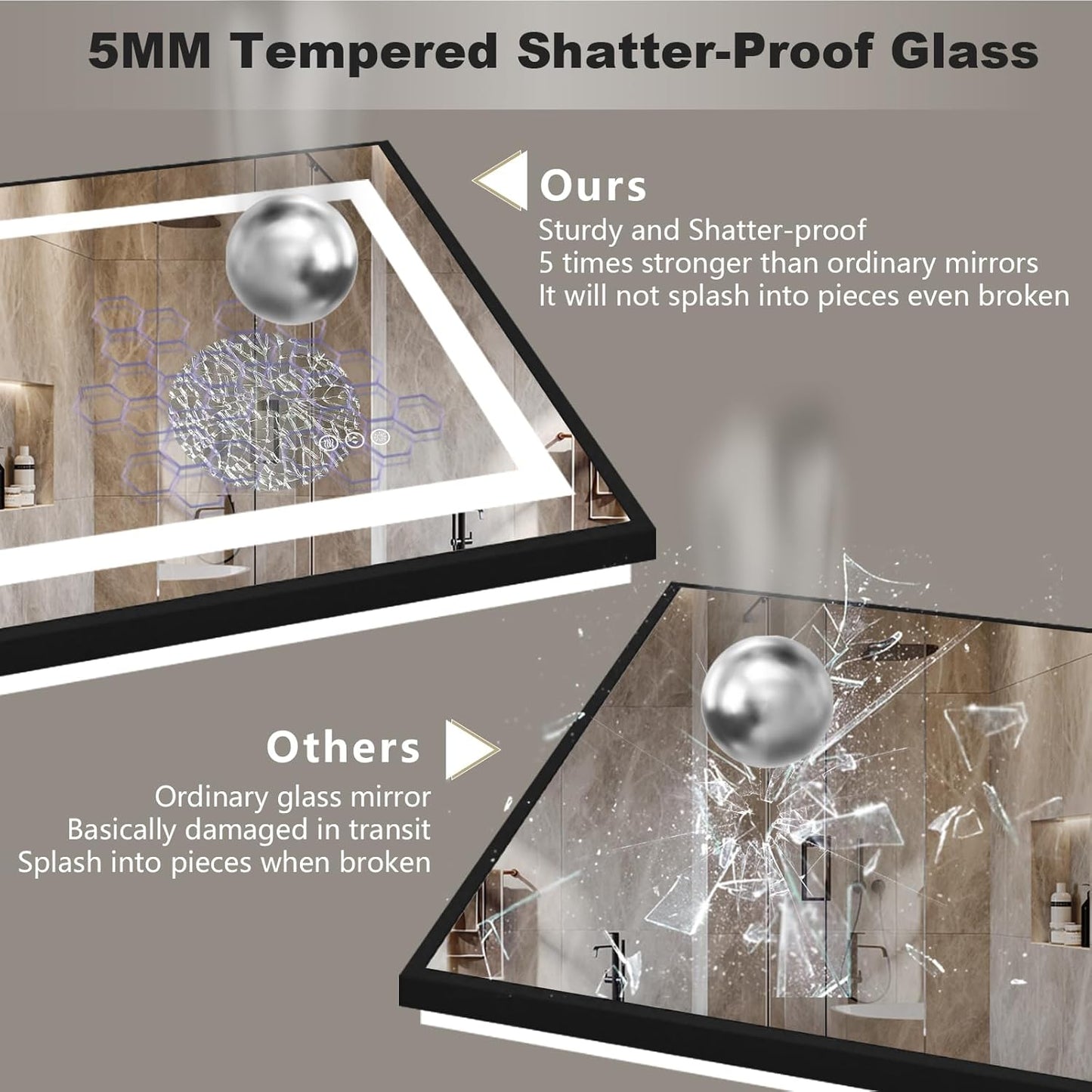 OKPAL 60x36 LED Bathroom Mirror with Lights, Lighted Mirrors for Bathroom Wall, Black Lighted Bathroom Mirror, Dimmable, Anti-Fog, Memory, Shatterproof, ETL Listed (Front Lights and Backlit)