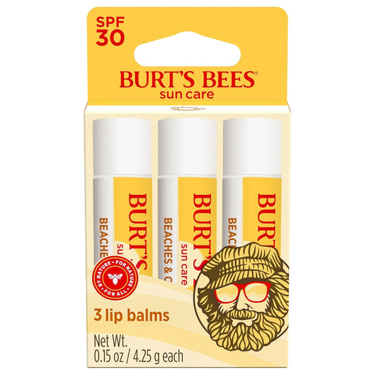 Burt’s Bees SPF 30 Lip Balm, Beaches and Cream, Water-Resistant Sun Care, Nano-Free Zinc Oxide Formula, Natural Origin Conditioning Lip Treatment, 3 Tubes, 0.15 oz.
