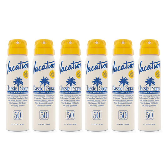 Vacation Mini Classic Sunscreen Spray SPF 50, Water-Resistant, Mini Sunscreen Bulk Party Favor, Sunblock Travel Size, TSA Suntan Lotion for Carry On, 1.7 Fl. Oz. (Value Pack of 6)