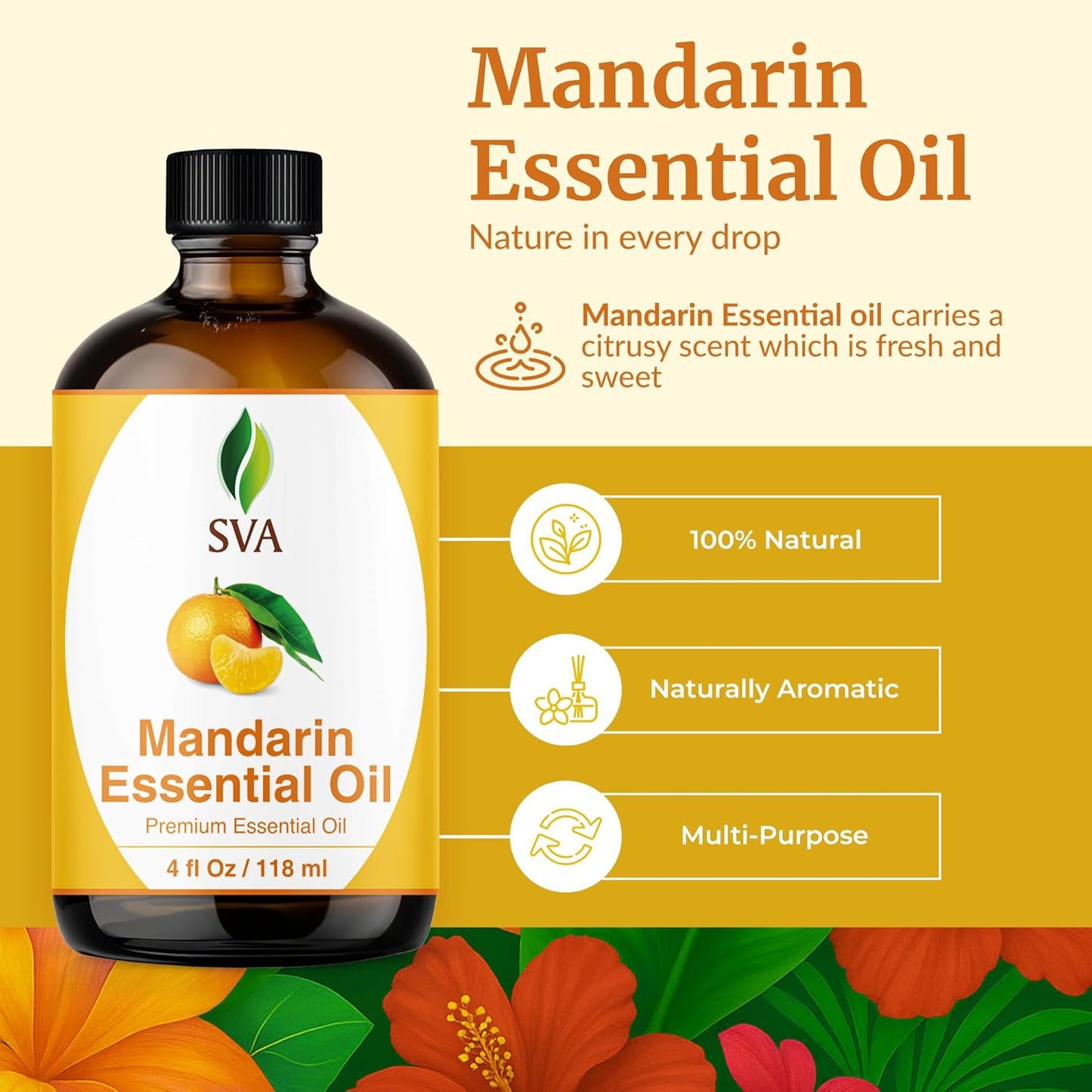 SVA Mandarin Essential Oil – 4 Fl Oz – 100% Natural Mandarin Oil - for Diffuser, Hair Care, Face, Skin Care, Aromatherapy, Scalp and Body Massage, Soap and Candle Making – with Dropper