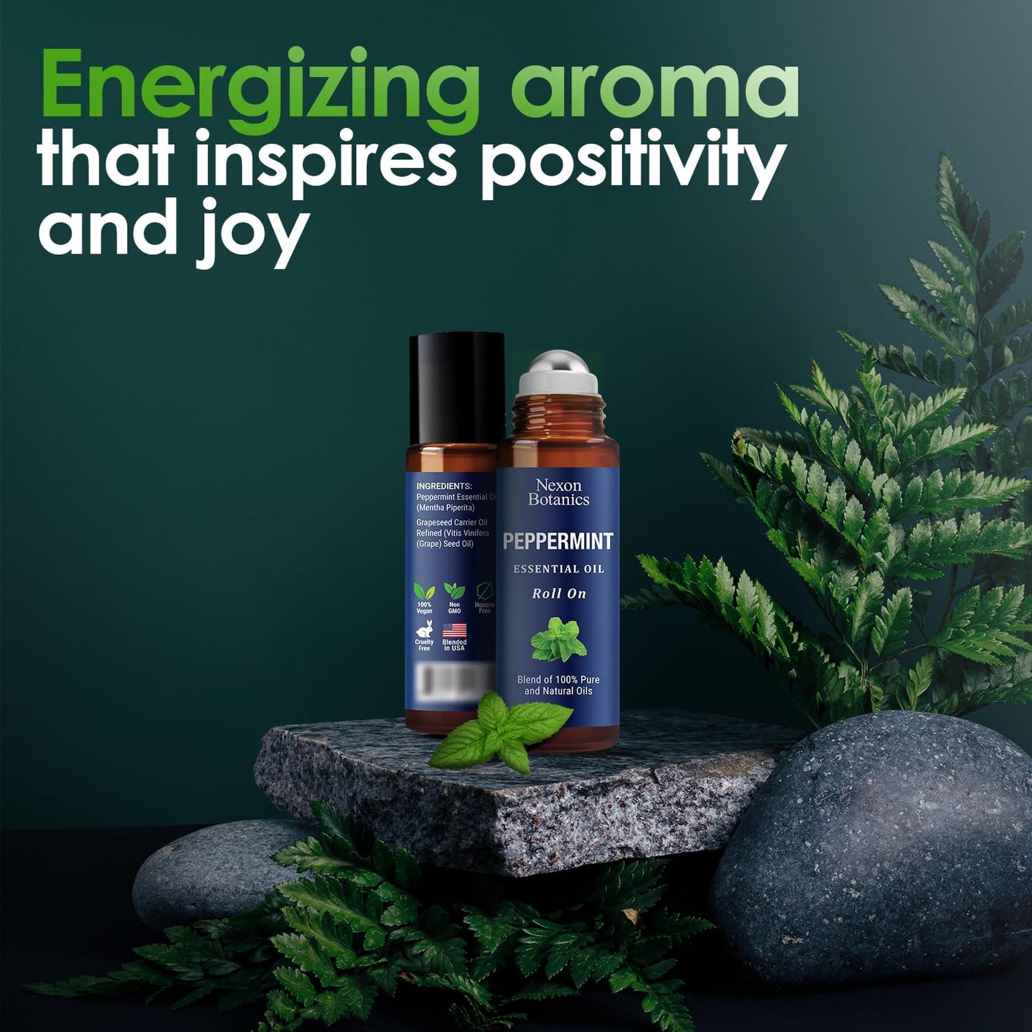 Peppermint Essential Oil Roll-On 10 ml - Pure, Natural & Prediluted Oil Blend Roller with Fresh Minty Aroma - Aromatherapy & Headache Relief - Nexon Botanics