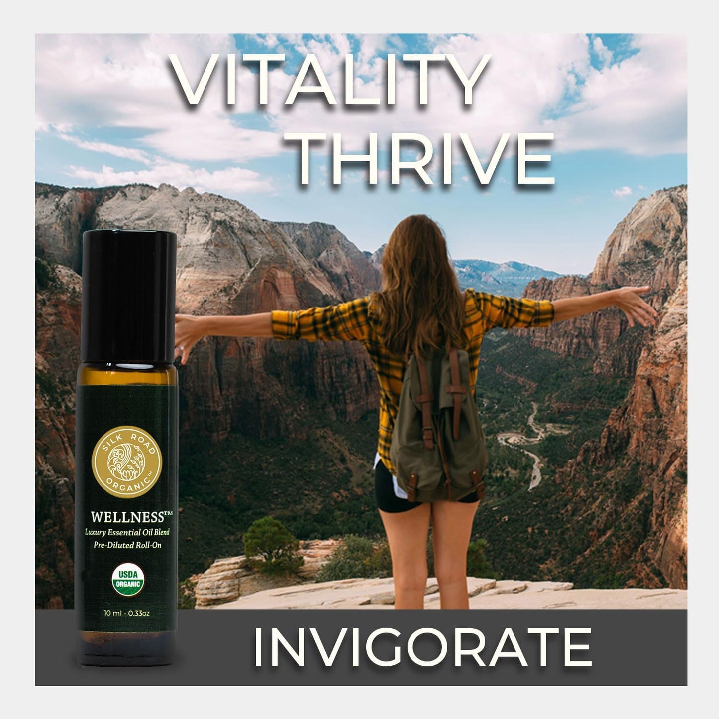 Silk Road Organic Wellness Essential Oil Vitality Blend Roll On - 100% Pure USDA Certified Frankincense, Cypress, Cedarwood, Clary Sage, Orange - Thrive Naturally, 10 ml Roller