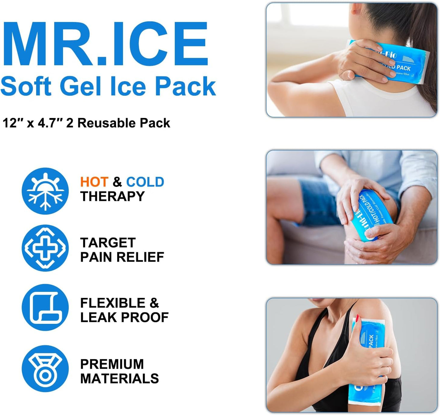 Ice Packs for Injuries Reusable Gel (2 Pack) - Hot Cold Gel Ice Pack for Injury, Pain Relief, Rehabilitation - Flexible Ice Packs for Knee, Shoulder, Back, Neck, Wrist - 4.7" x 12.2"