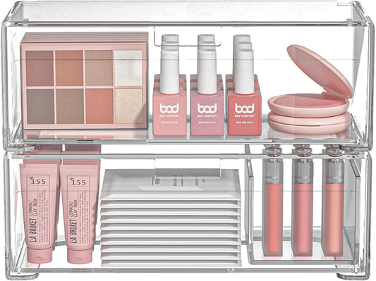 Stackable Storage Drawers Clear Plastic Storage Bins Bathroom Drawer Organizer Medicine Cabinet Organizer Makeup Organizers w Removable Divider Home Workspace Office Desktop Vanity Gift Idea 2Pack