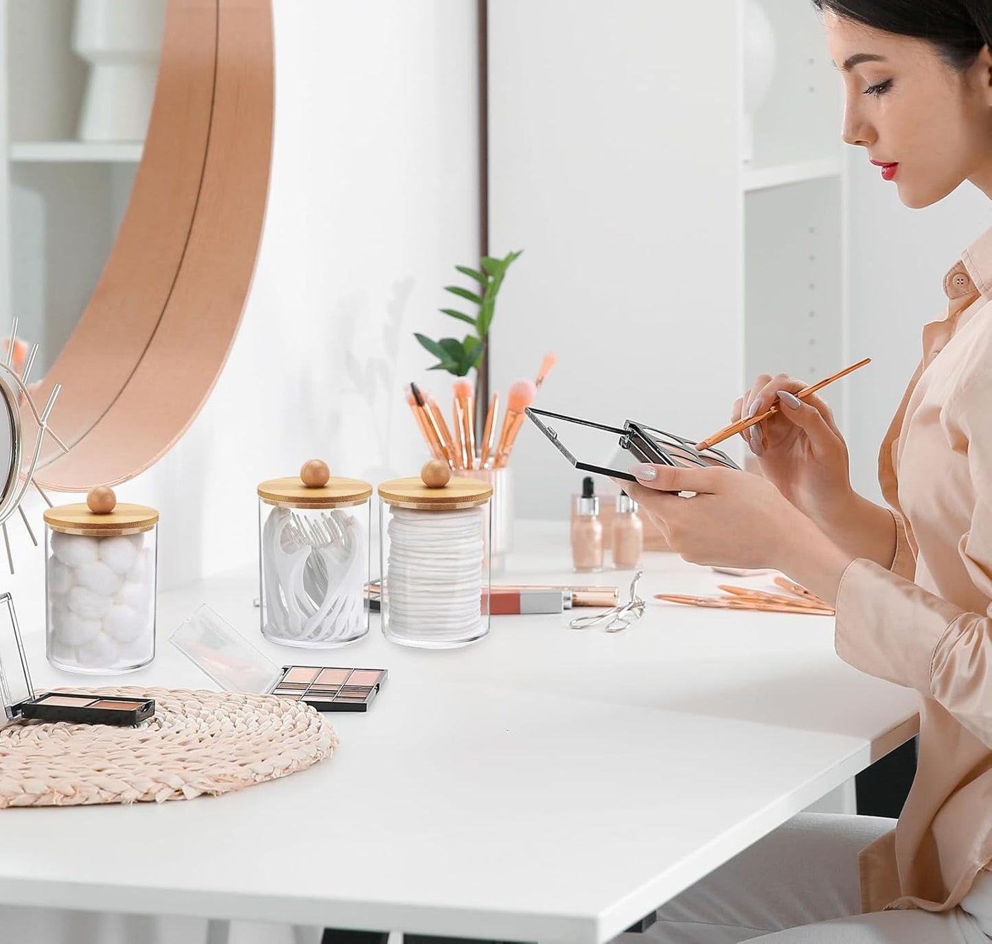 4 Pack Qtip Holder Dispenser with Bamboo Lids & Disposable Face Towel Holder Set, Clear Storage Bins for Facial Cloth, Vanity Makeup Storage Organizer, Bathroom Essentials Accessories Decor