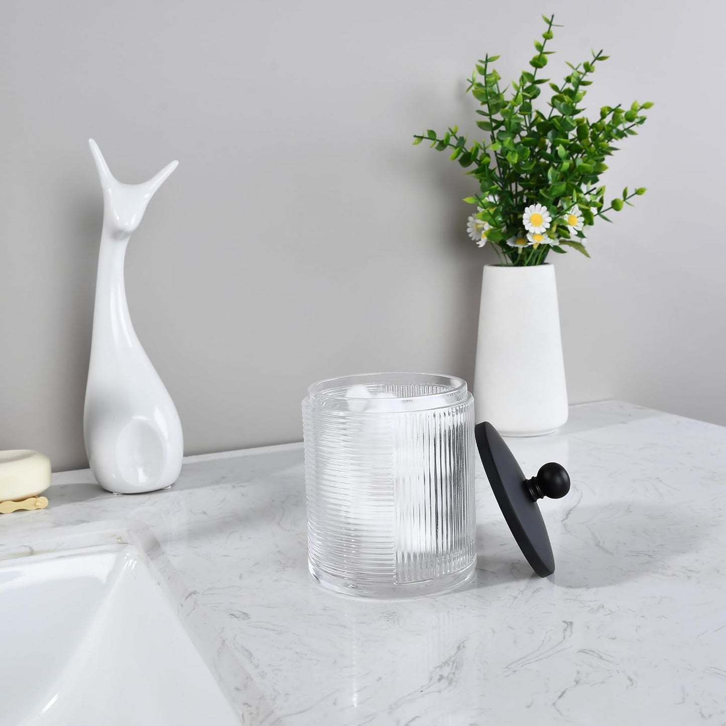 Glass Cotton Jar Holder Matte Black Lid, Elegant Bathroom Storage Canister for Qtips, Cotton Balls, Floss, Makeup Organizer, Vanity Bathroom Organization