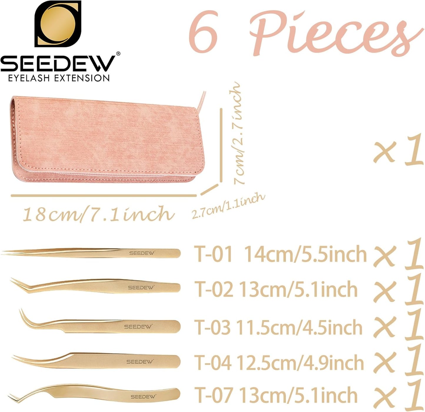 Tweezers Eyelash Extension 5 Pieces Stainless Steel Straight and Curved Professional Set Supplies with a Storage Bag for Lash Tech, Lash Artist Beginner Making Volume Classic Fans(Golden, Pink)