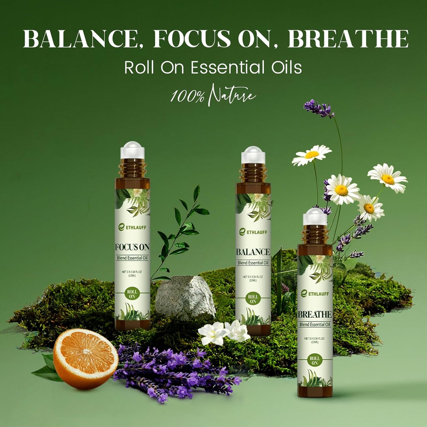 Essential Oils Roll On Set 3 Pack (Breathe, Focus on, Balance) - Essential Oil Blend Stress Relief Gift Aromatherapy Self Care Gift for Women, 3 * 10ml