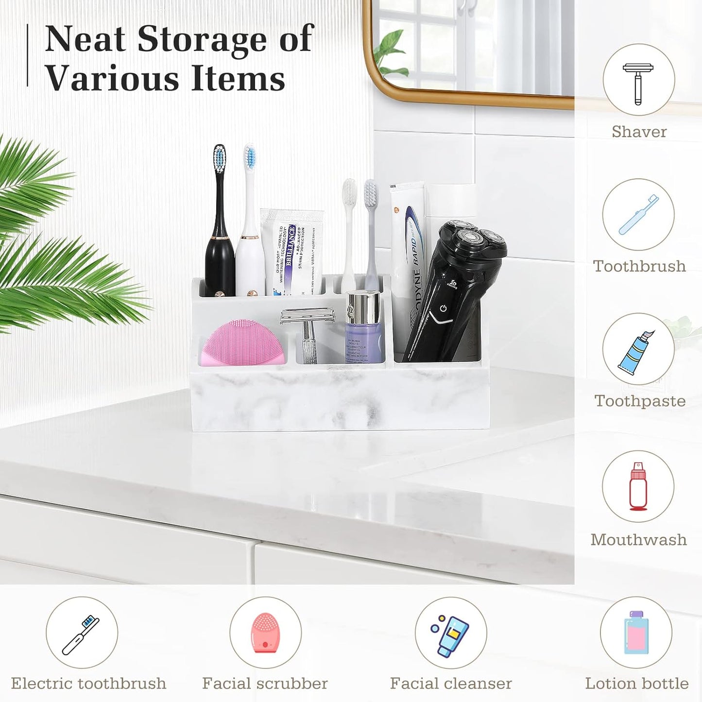 Luxspire Bathroom Counter Organizer, 5 Slot Toothbrush Holder, Marble Bathroom Accessories, Gravel White