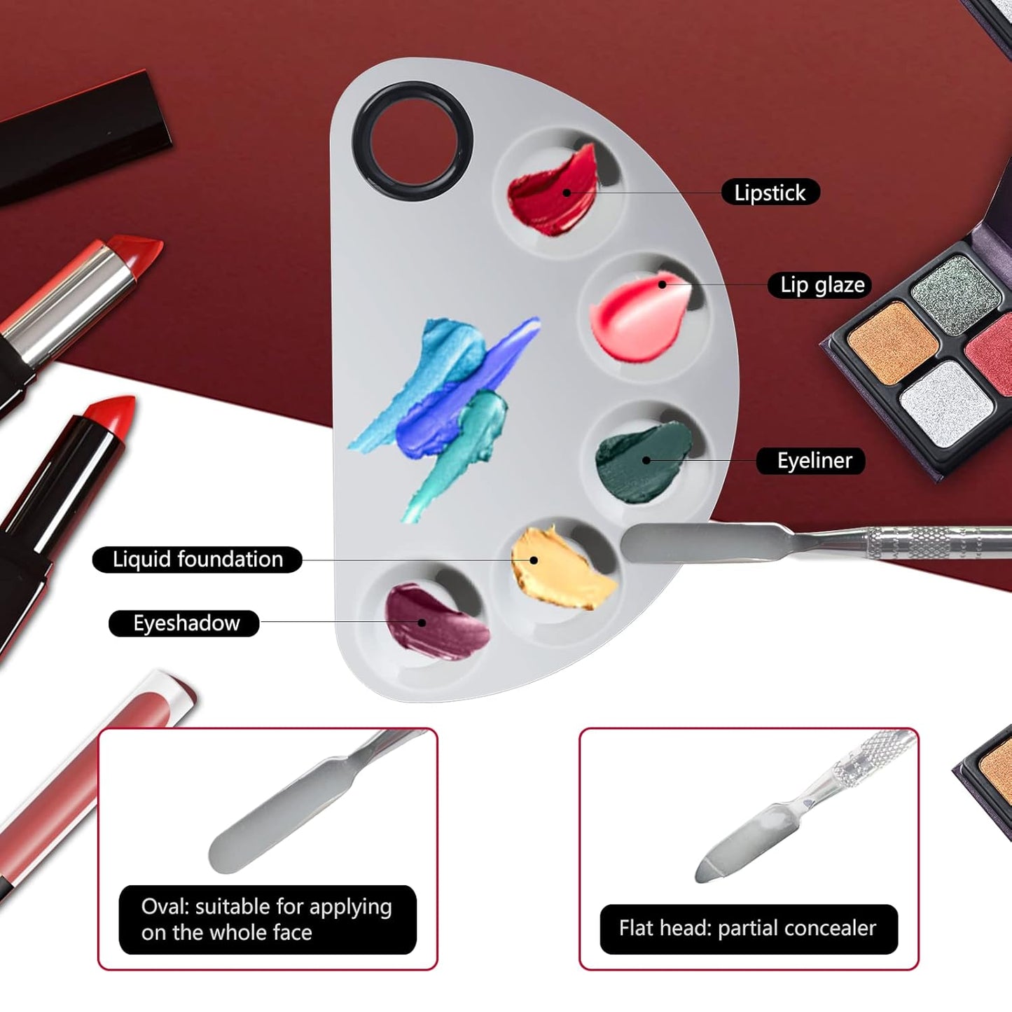 Makeup Mixing Palette, Premium Stainless Steel Cosmetic Makeup Palette with Spatula Tool, Nail-art Cosmetic Palette for Mixing Cosmetic/Nail Polish/Pigment (Semicircle)