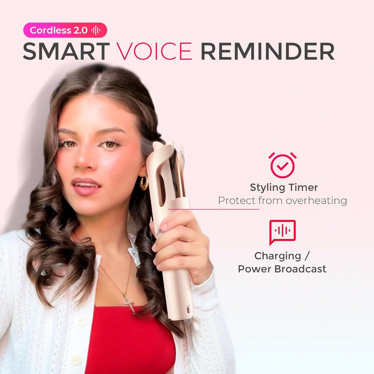 TYMO Cordless Automatic Curling Iron - TYMO CurlGo 1 Inch Beach Waves Rotating Curling Wand, Portable Hair Curlers for Travel, Dual Voltage & Rechargeable Curler for Women, Tangle-Free, Gold Blush