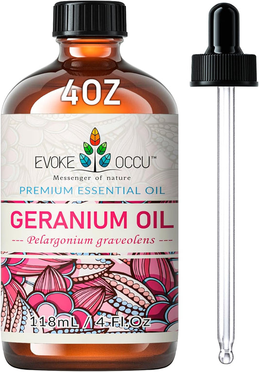 EVOKE OCCU Pure & Natural Geranium Essential Oil for Skin, Hair, Diffuser, Aromatherapy - 4 Fl Oz