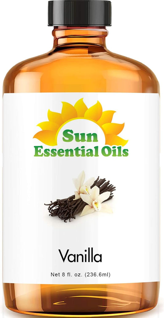 Sun Essential Oils - Vanilla Essential Oil 8 oz with Dropper for Diffuser, Skin, Hair, Humidifier & Aromatherapy Massage, Scent for Candle, Lotion & Soap Making & Room Freshener