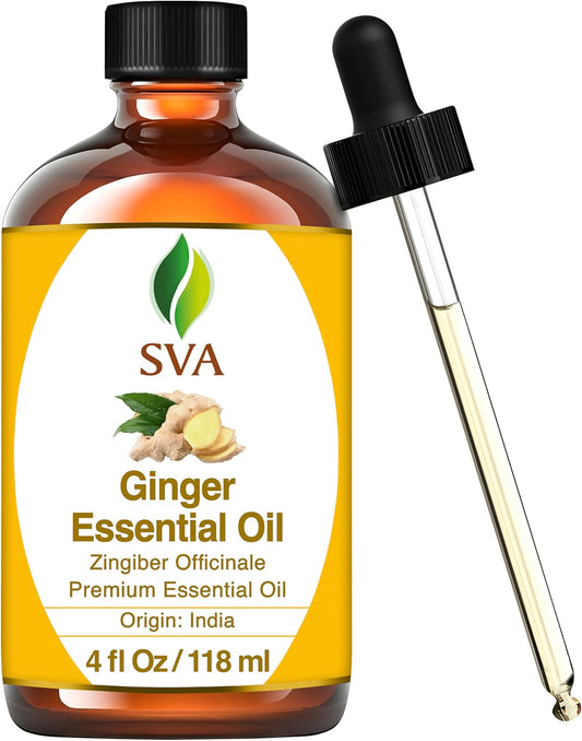 SVA Ginger Essential Oil – 4 Fl Oz – 100% Natural Ginger Oil - for Diffuser, Hair Care, Face, Skin Care, Aromatherapy, Scalp and Body Massage, Soap and Candle Making – with Dropper