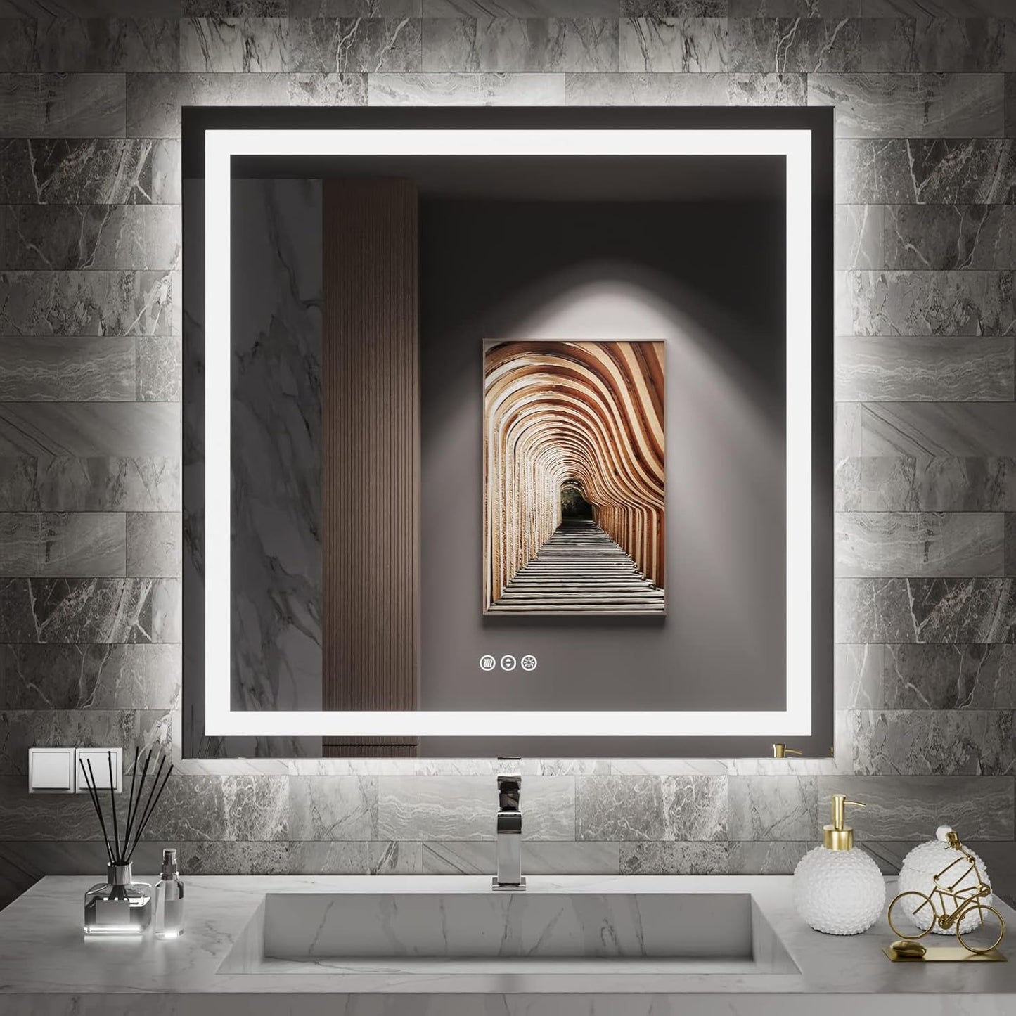 Amorho LED Bathroom Mirror 38'' X38'' with Front and Backlit, Stepless Dimmable Wall Mirrors with Anti-Fog, Shatter-Proof, Memory, 3 Colors, Double LED Vanity Mirror