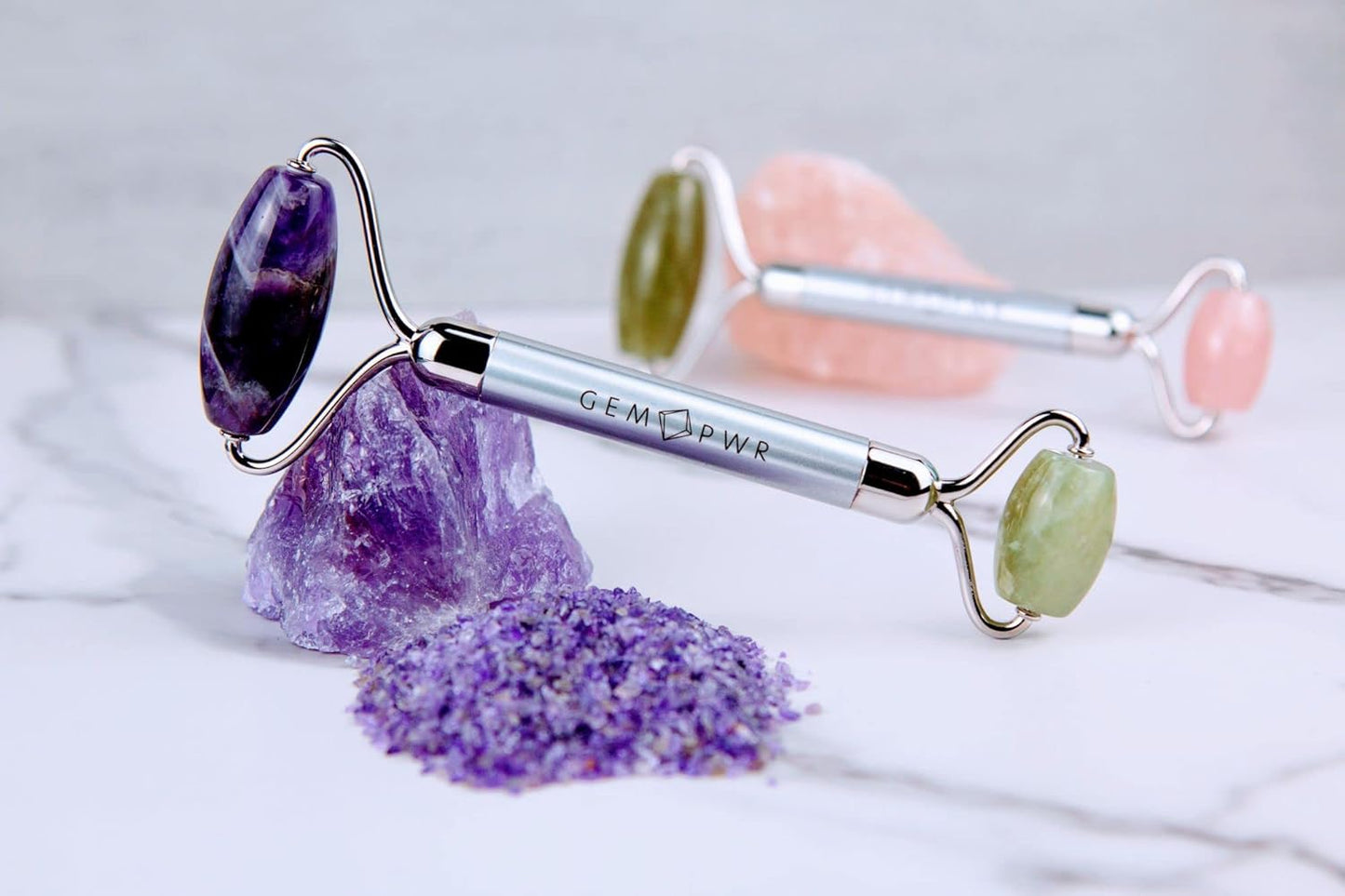 Amethyst + Jade Roller for Face and Neck Massage, Dual Gemstones with Durable Steel Handle and Travel Bag. Minimize Wrinkles, Reduce Puffiness and Restore Skin's Elasticity and Radiance