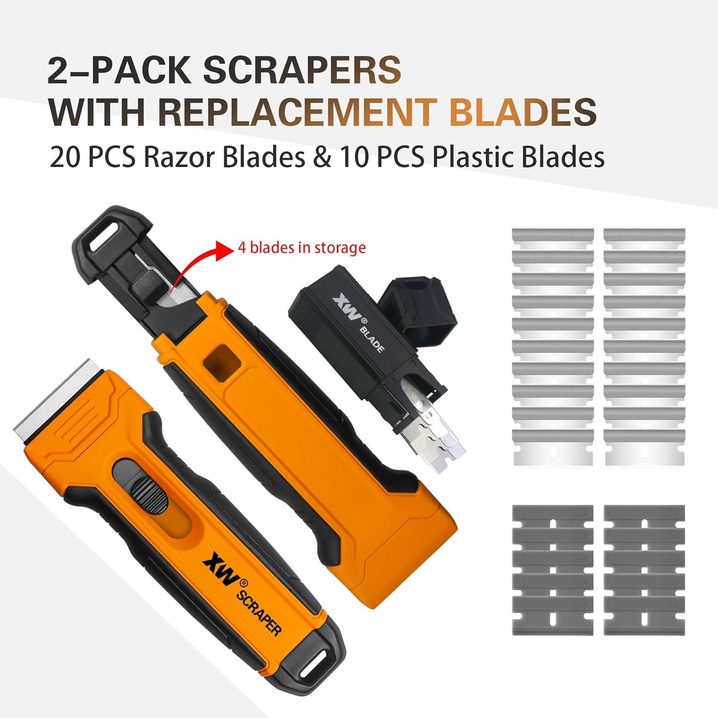 XW 2-Pack Razor Blade Scraper with 4 Spare Blades in Storage, Extra 20 pcs Razor Blades & 10 pcs Plastic Blades Included