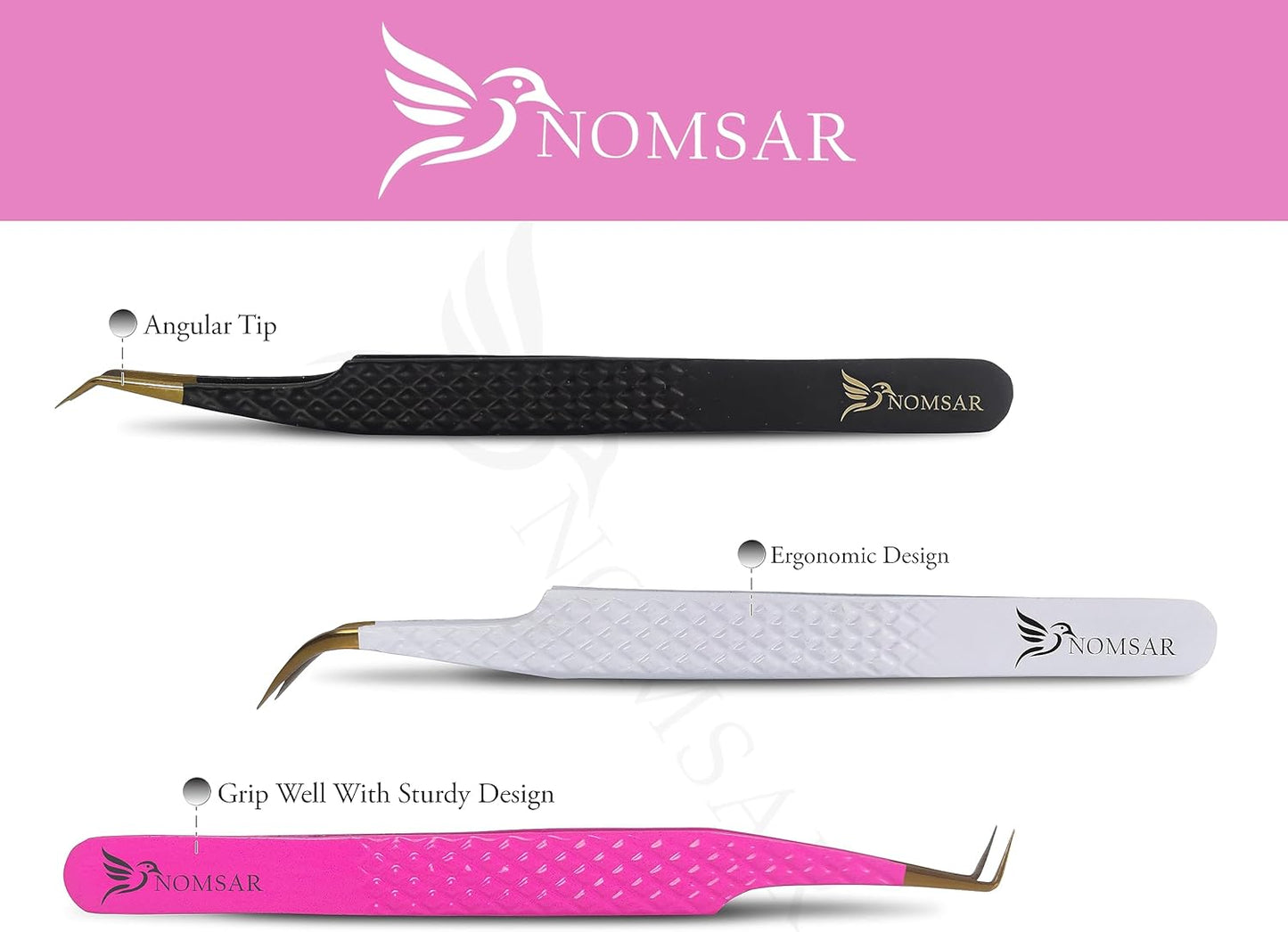 Eyelash Extension Tweezers – Precision Lash Isolation & Volume Tweezers | Stainless Steel, Anti-Static, Curved Tip for Professional Eyelash Extensions, Set of 3 (Pink)