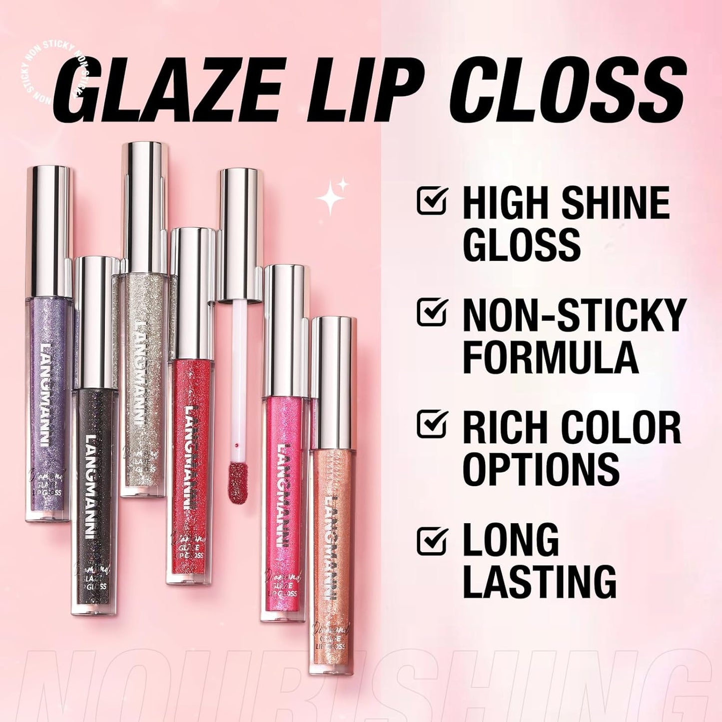LANGMANNI 6 Colors Diamond Glitter Lip Gloss Set,Long Lasting High Shine Shimmer Liquid Lipstick Set,Hydrating,Moisturizing Lip Gloss Kit Gift Makeup For Girls(#01+02+03+04+05+06)