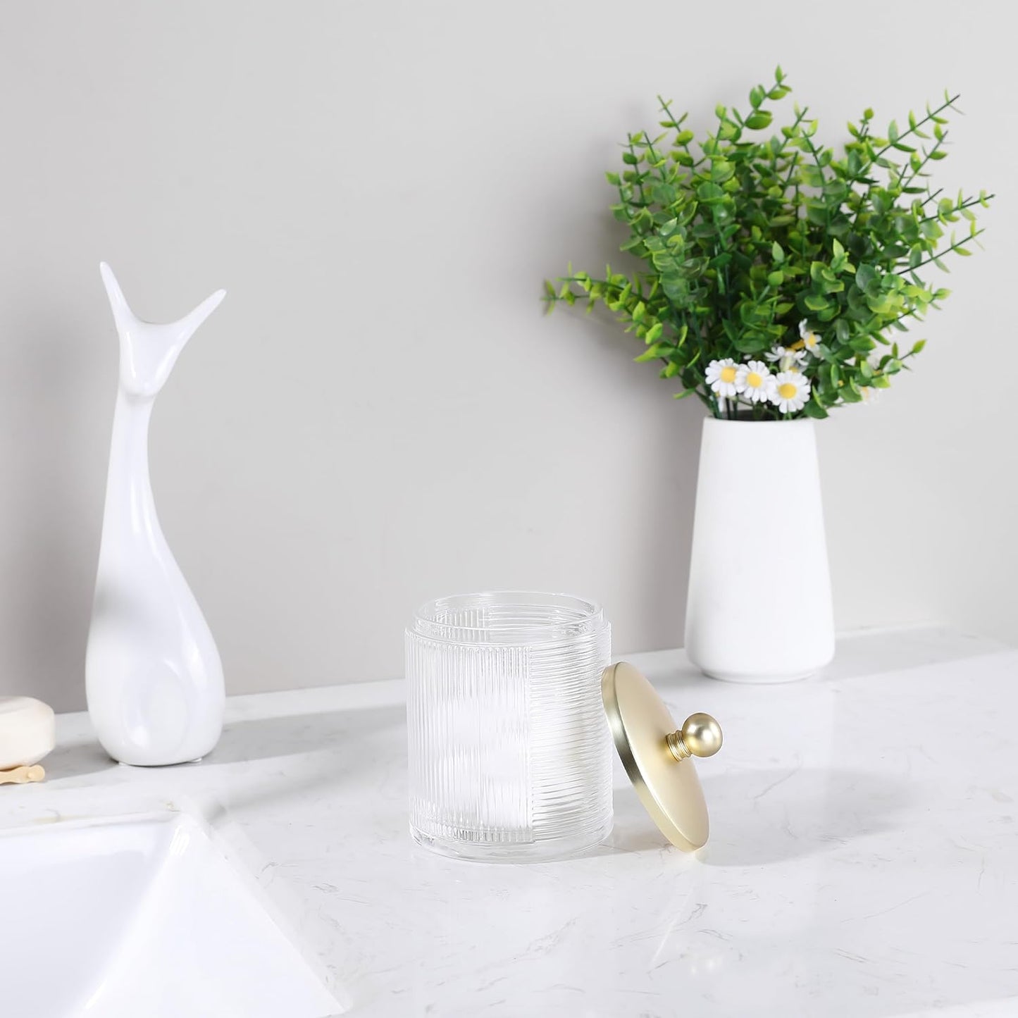 Glass Cotton Jar Holder Matte Gold Lid, Elegant Bathroom Storage Canister for Qtips, Cotton Balls, Floss, Makeup Organizer, Vanity Bathroom Organization