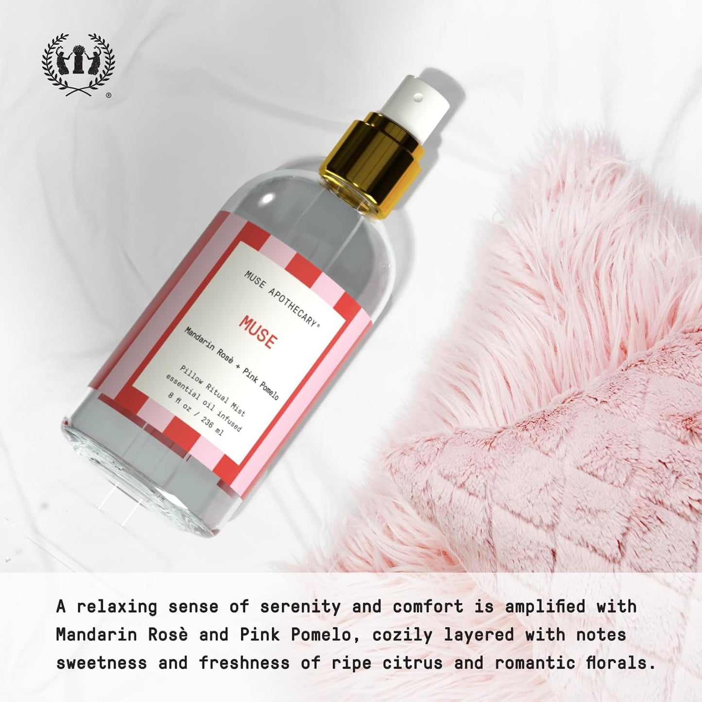 Muse Apothecary Pillow Ritual - Aromatic, Calming and Relaxing Pillow Mist, Linen and Fabric Spray, Infused with Natural Essential Oils - Great Valentine's Day Gift - 8 oz, Mandarin Rosè + Pink Pomelo