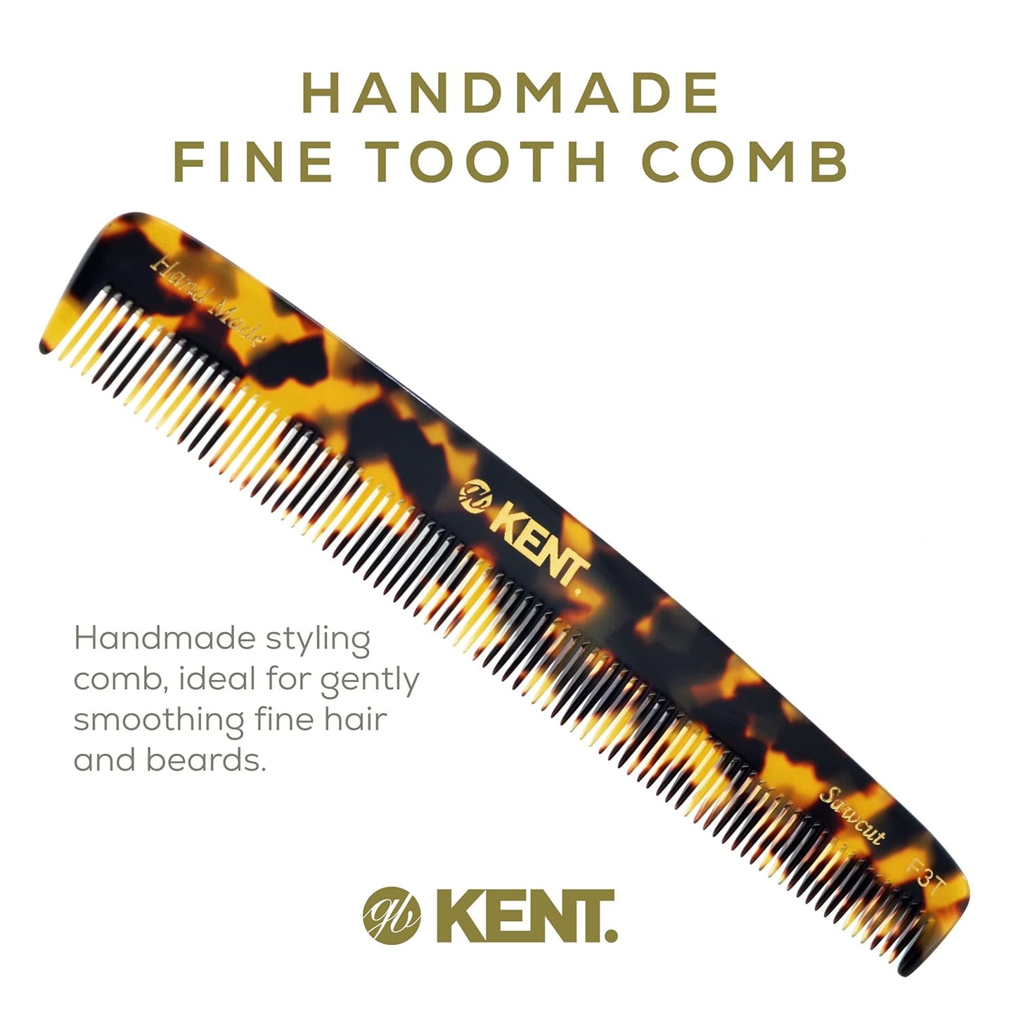 Kent F3T TY Fine Tooth Comb - Hair Parting and Straightening Comb for Men's & Women's Dandruff Remover, Saw Cut and Hand Polished Made in England