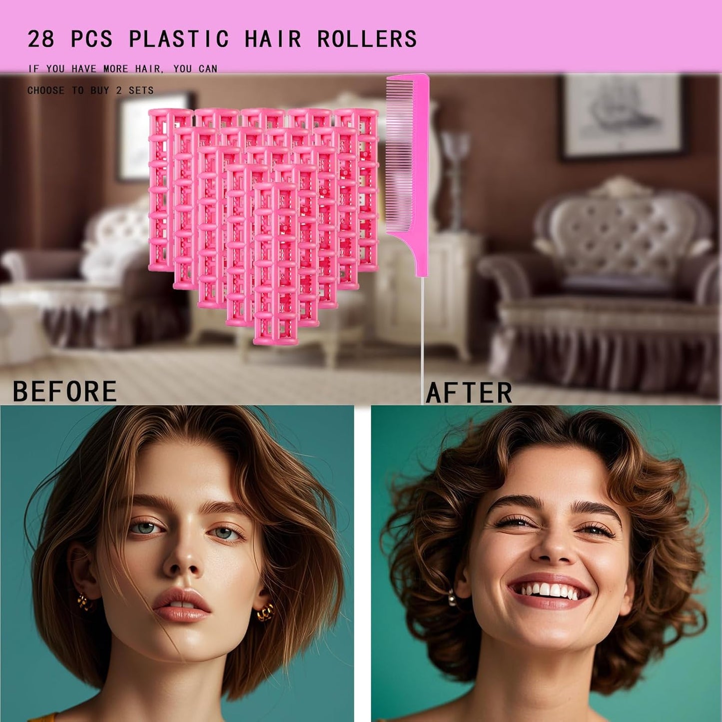 28PCS Self Grip Small Hair Rollers Set, 0.6in Plastic No Heat Roller Hair Curlers with Comb Heatless Clips for Short Fine Thin Hair(Pink)