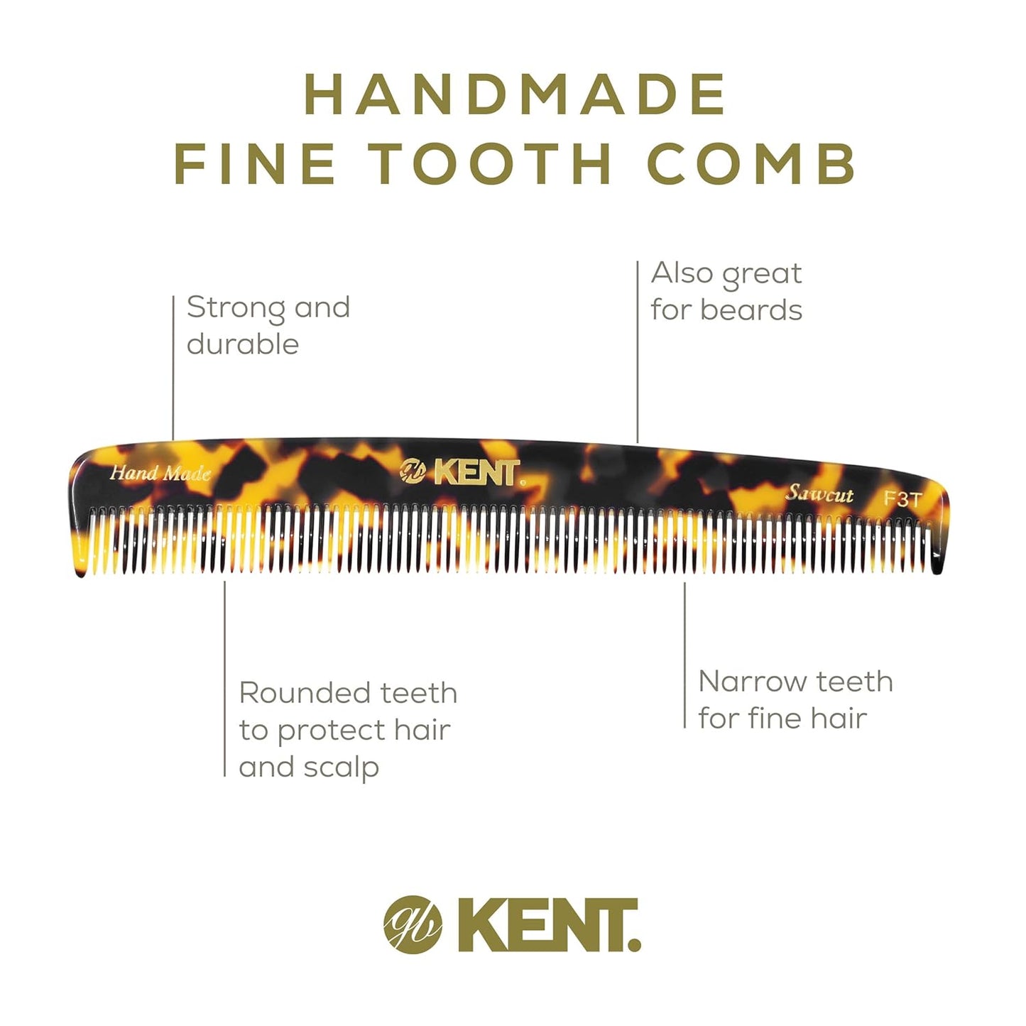 Kent F3T TY Fine Tooth Comb - Hair Parting and Straightening Comb for Men's & Women's Dandruff Remover, Saw Cut and Hand Polished Made in England