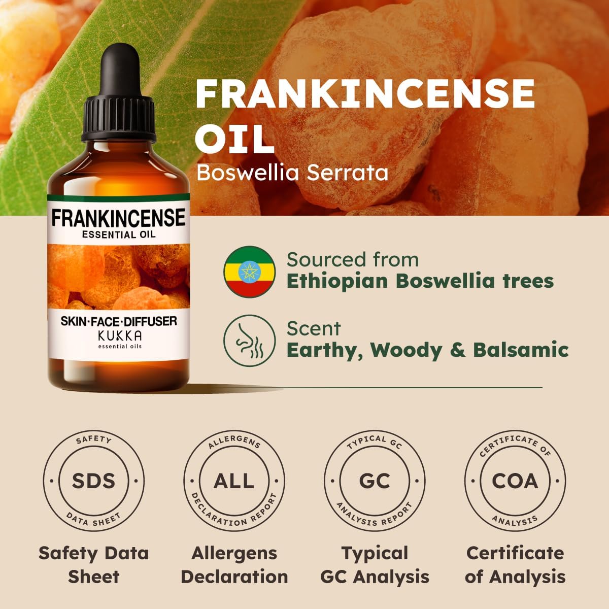 Kukka Frankincense Essential Oil for Face & Skin - 4 Fl Oz - Frankincense Oil Made from Ethiopia Resin - A Holy & Woody Scent for Body Comfort, Aromatherapy, DIY Soap Making Scents