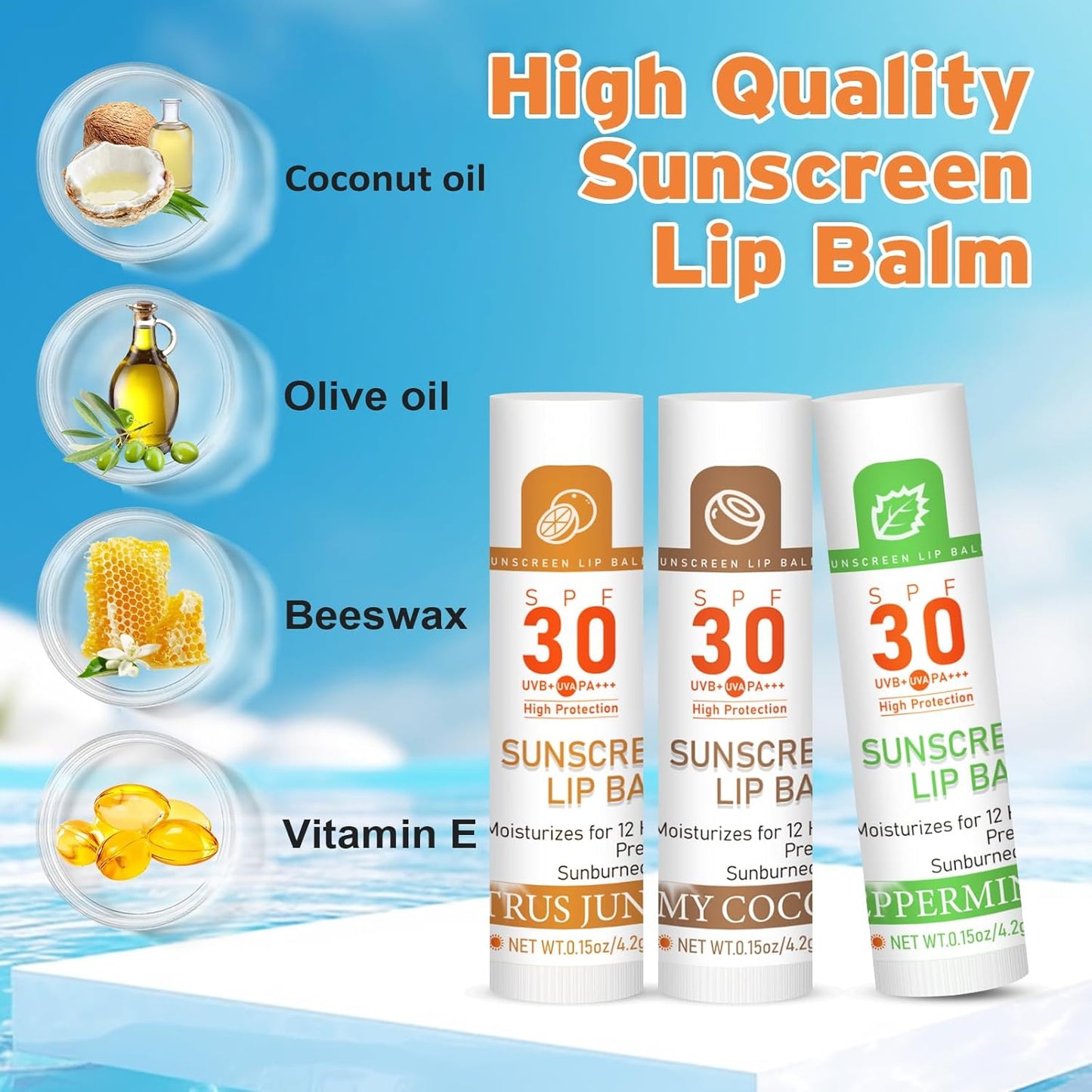 SPF 30 Lip Sunscreen, SPF Lip Balm Travel Size 16 Pack, Hydrating Lip Balm Bulk with Vitamin E and Coconut Oil- 8 Flavors